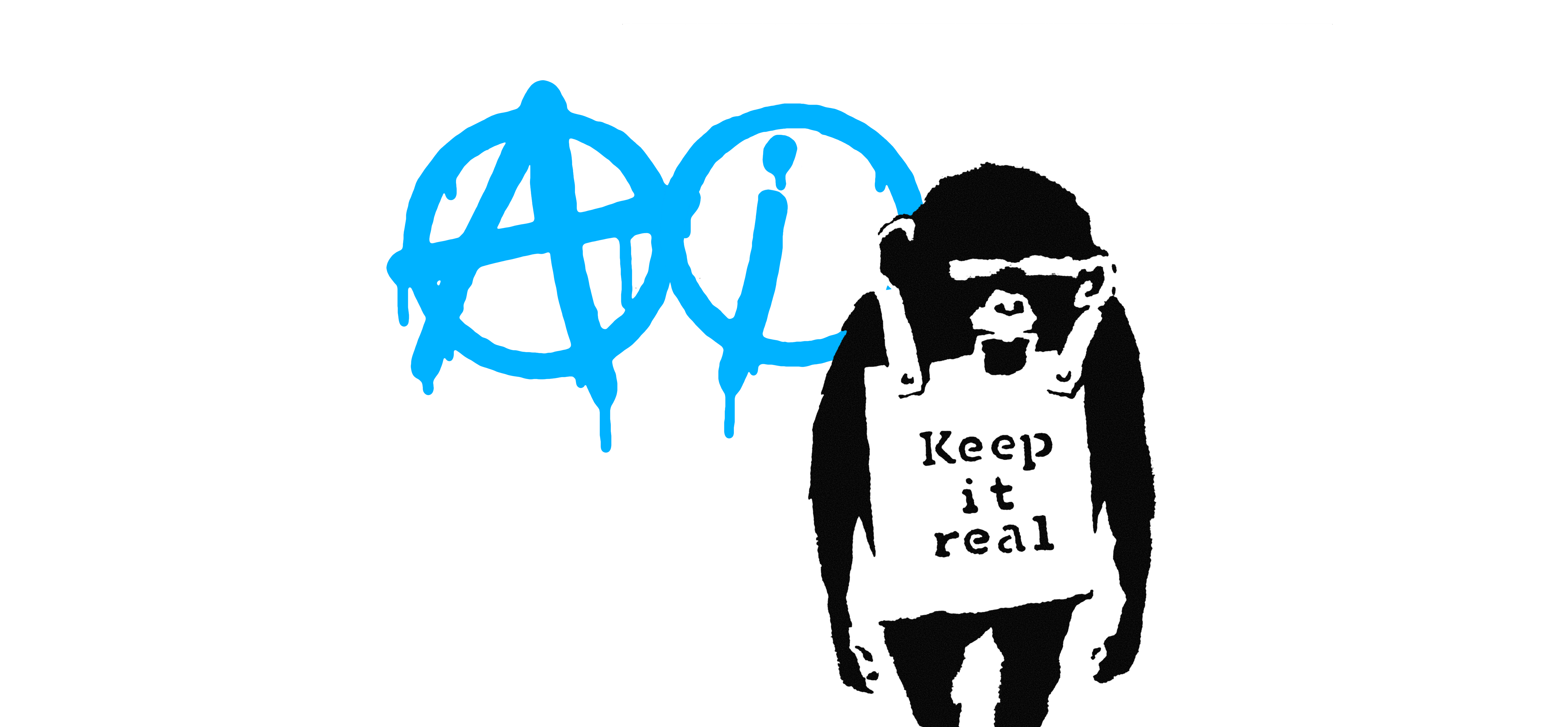 Image of a graffiti tag reading “AI” in blue paint with a monkey wearing sunglasses besides