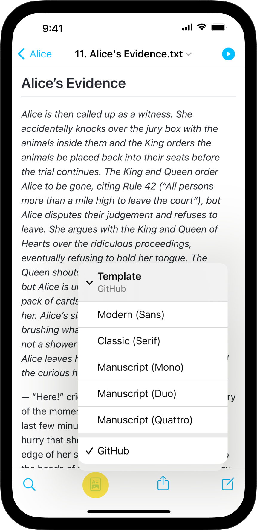 A screenshot of the Preview with the template pop-up menu opened from the bottom toolbar.