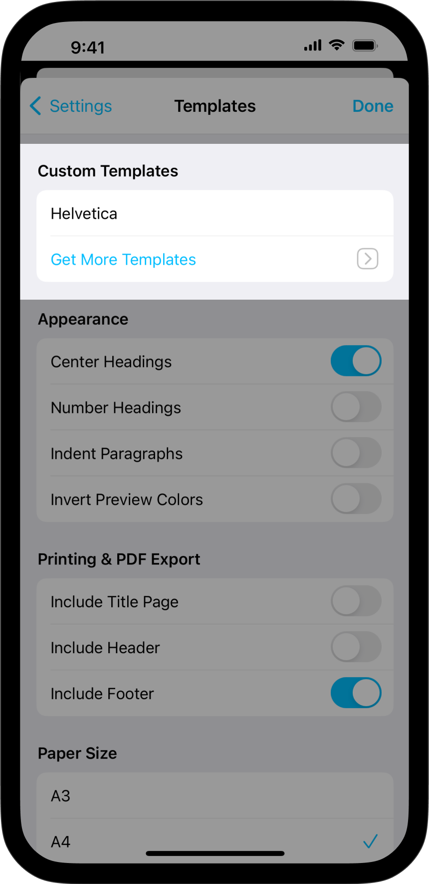 A screenshot of the Templates submenu with the 