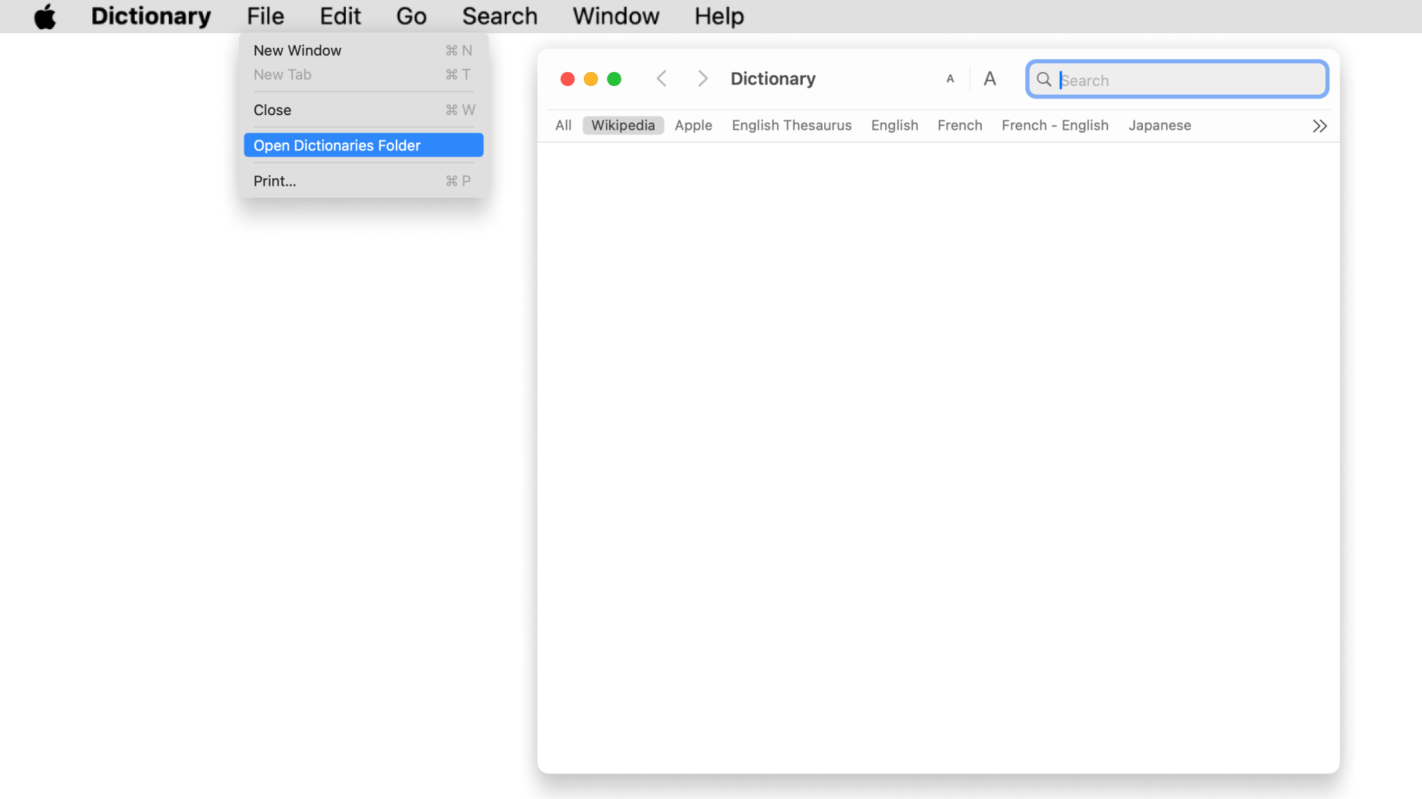 A screenshot of the Mac Dictionary app showing the Files menu, with the option to open the dictionaries folder.
