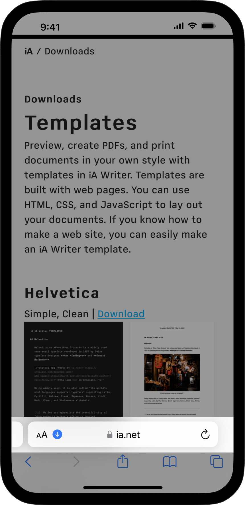 A screenshot of the iA download page on Safari, with a downloaded folder highlighted on the bottom part.