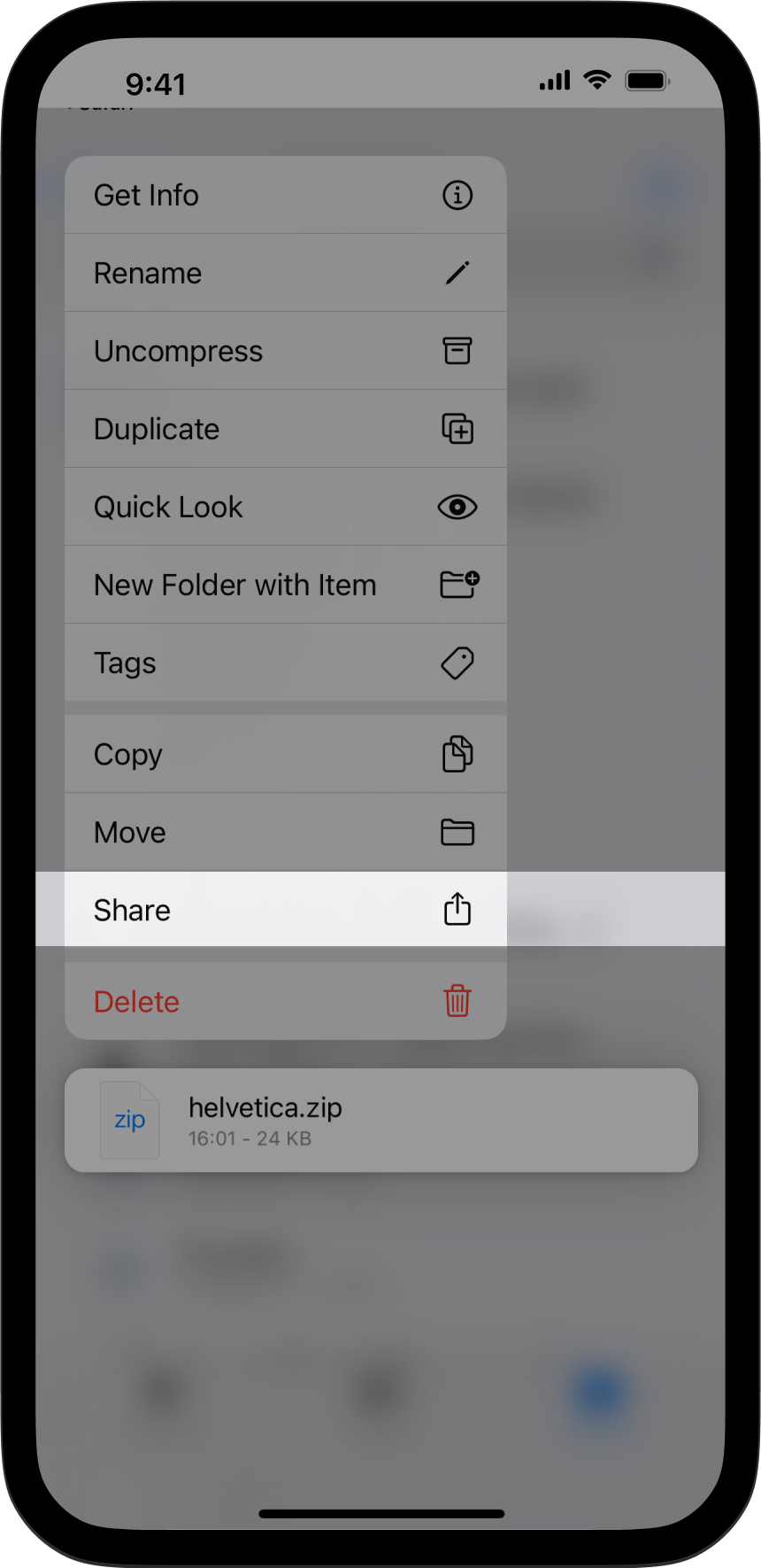 A screenshot of a system pop up menu with the item 