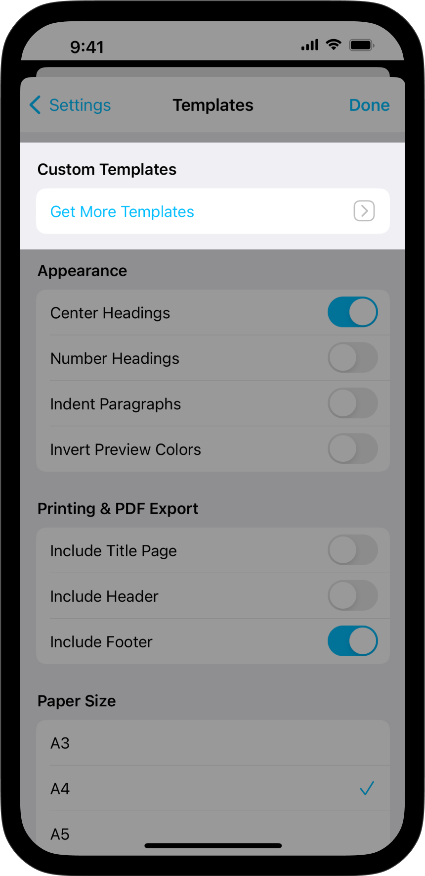 A screenshot of the Templates submenu with the 