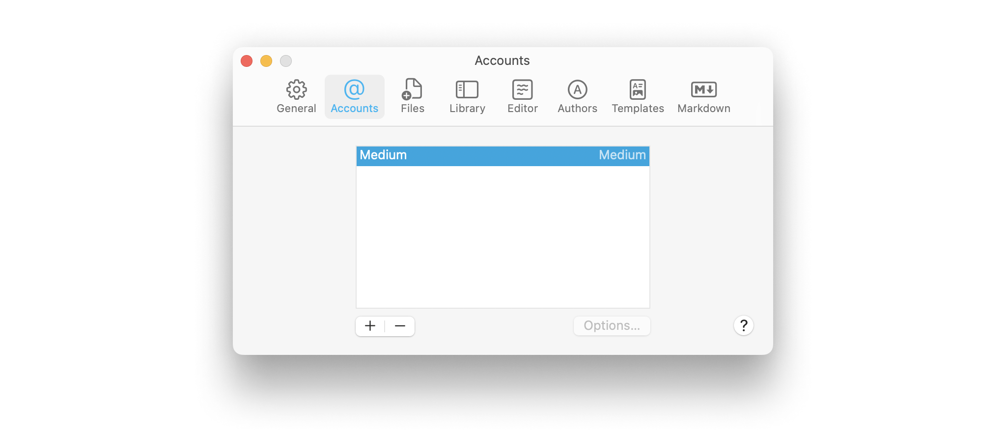 A screenshot of the iA Writer Settings, showing the Accounts tab.