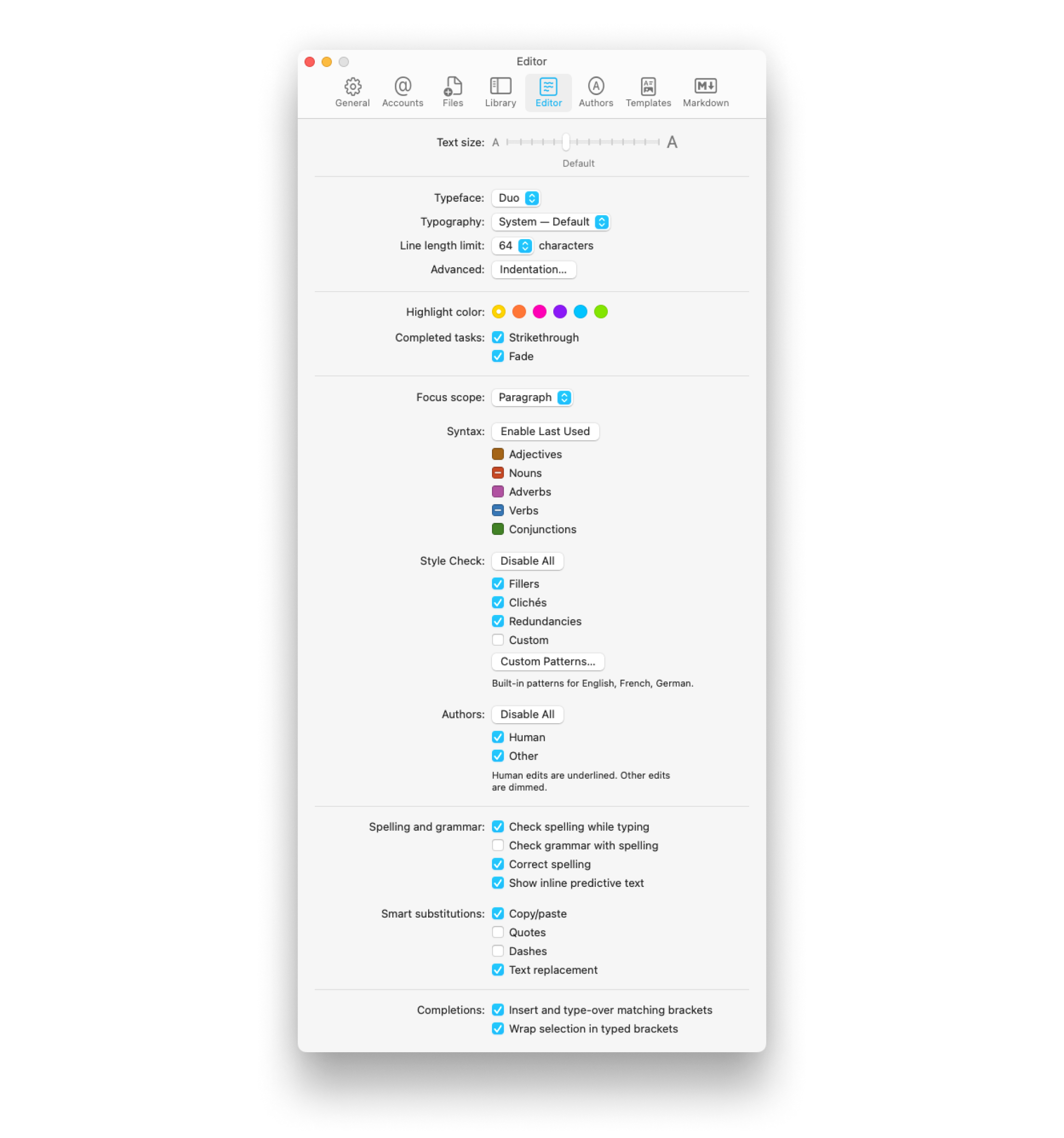 A screenshot of the iA Writer Settings, showing the Editor tab.