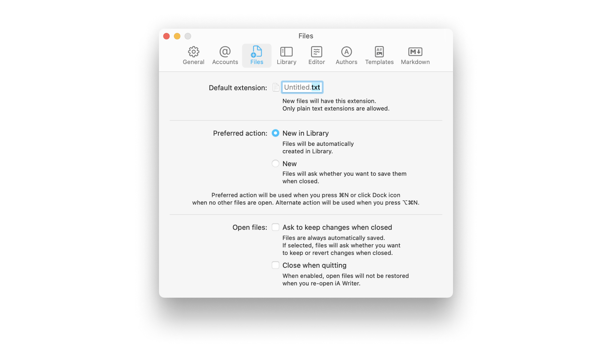 A screenshot of the iA Writer Settings, showing the Files tab.