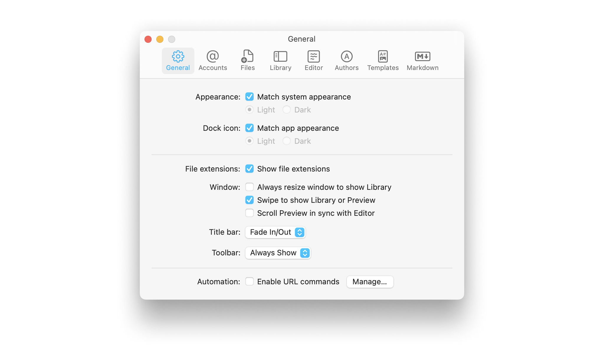 A screenshot of the iA Writer Settings, showing the General tab.