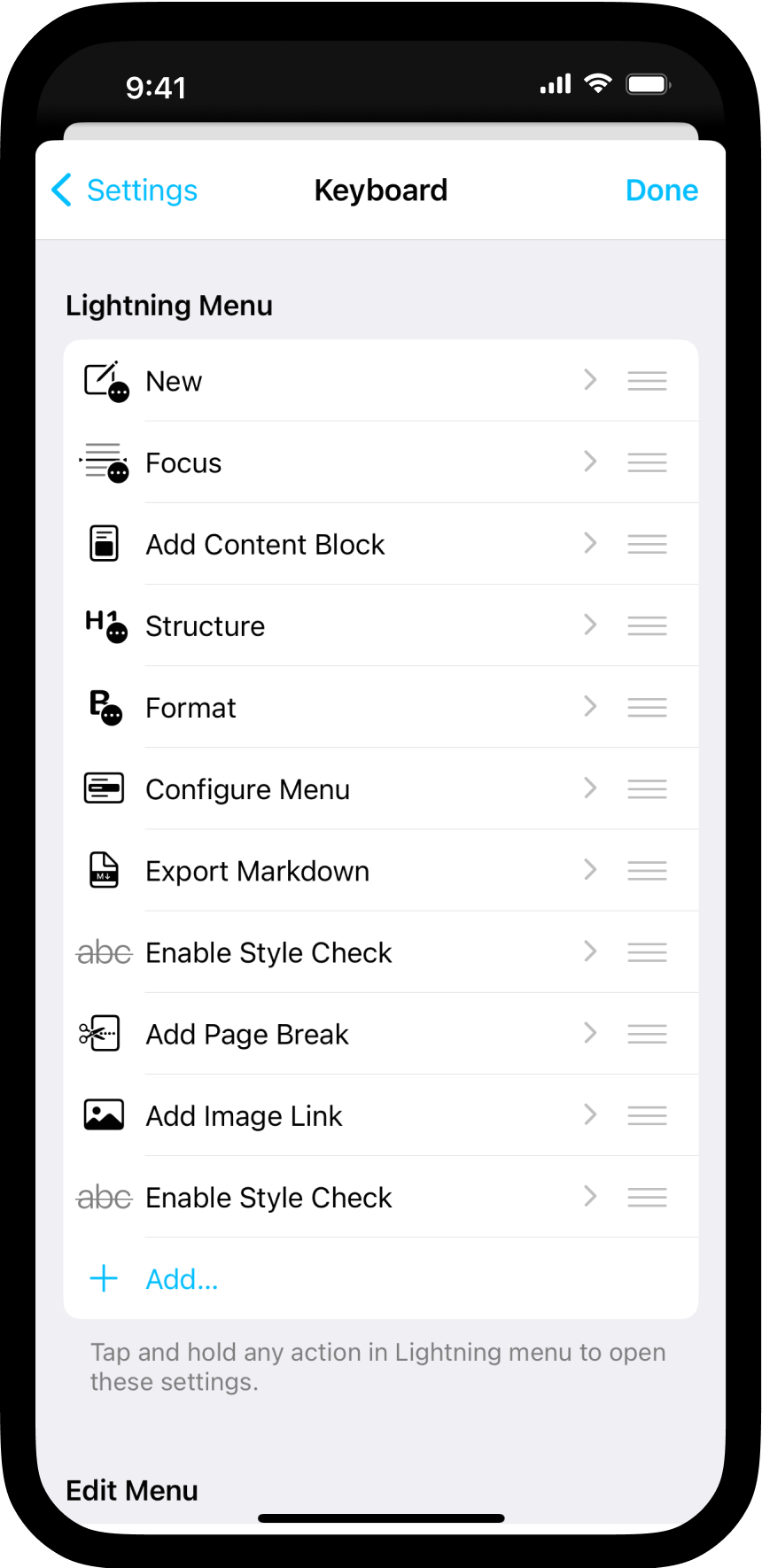 The Keyboard submenu.