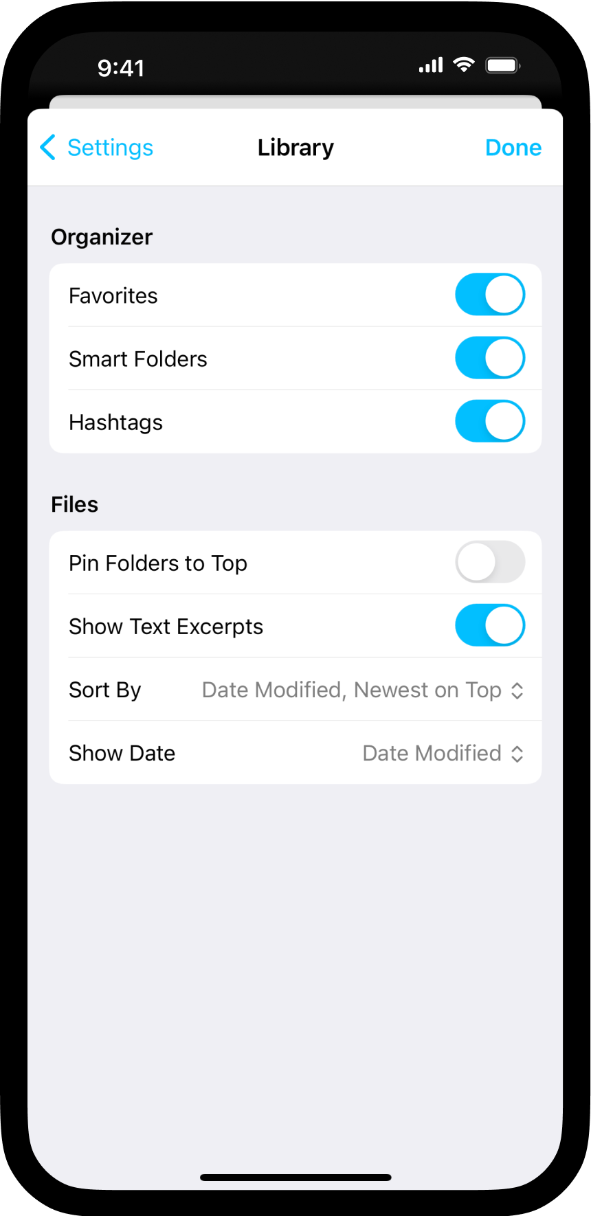 The Library submenu.