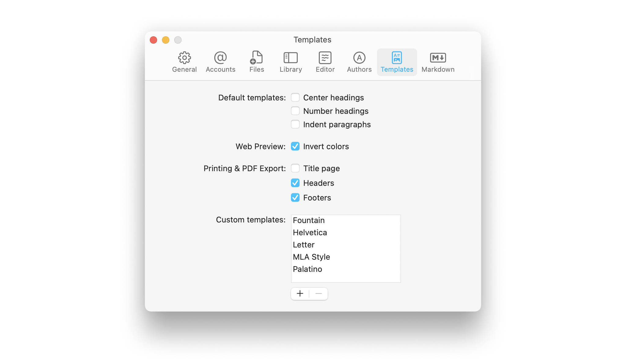 A screenshot of the iA Writer Settings, showing the Templates tab.