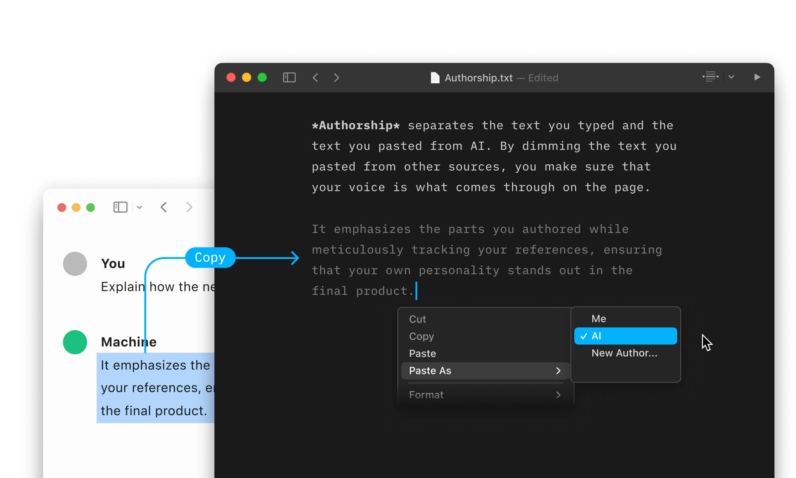 Screenshot of iA Writer 7 showing the Authorship feature