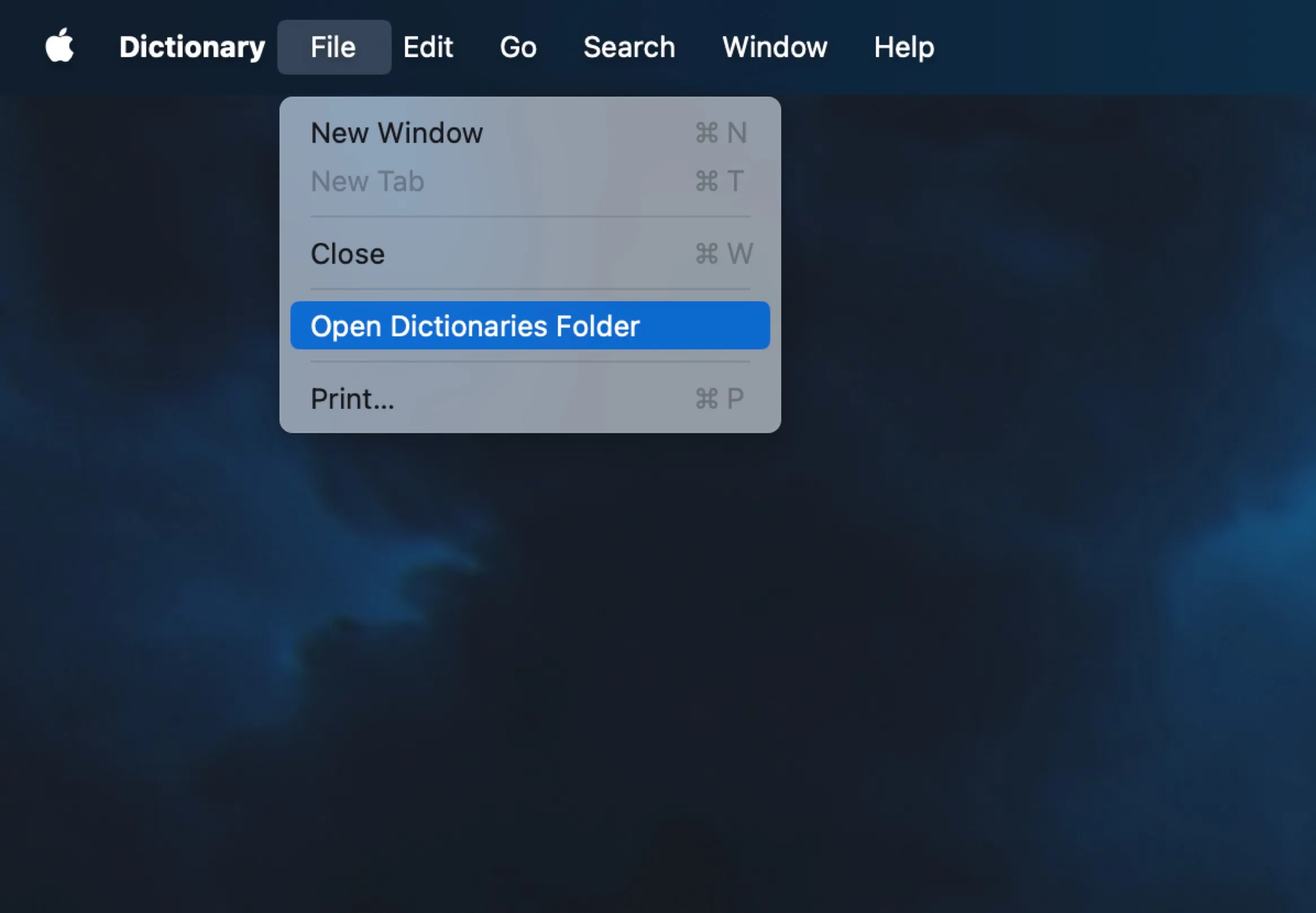 Screenshot of the Mac menu bar with “Files” selected and “Open Dictionary Folder” highlighted