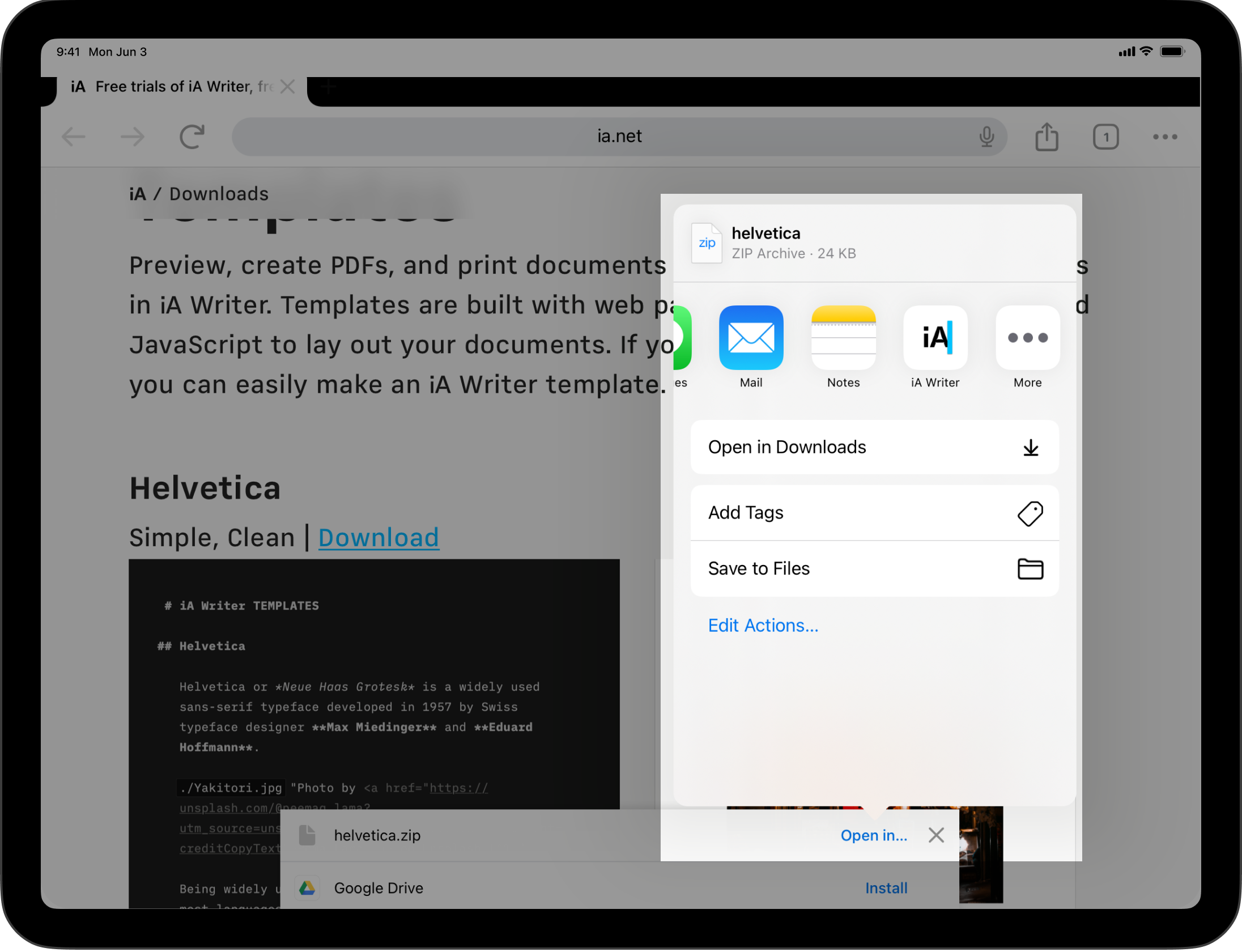 A screenshot of a file downloaded from the iA Website and the iPadOS Share menu open.