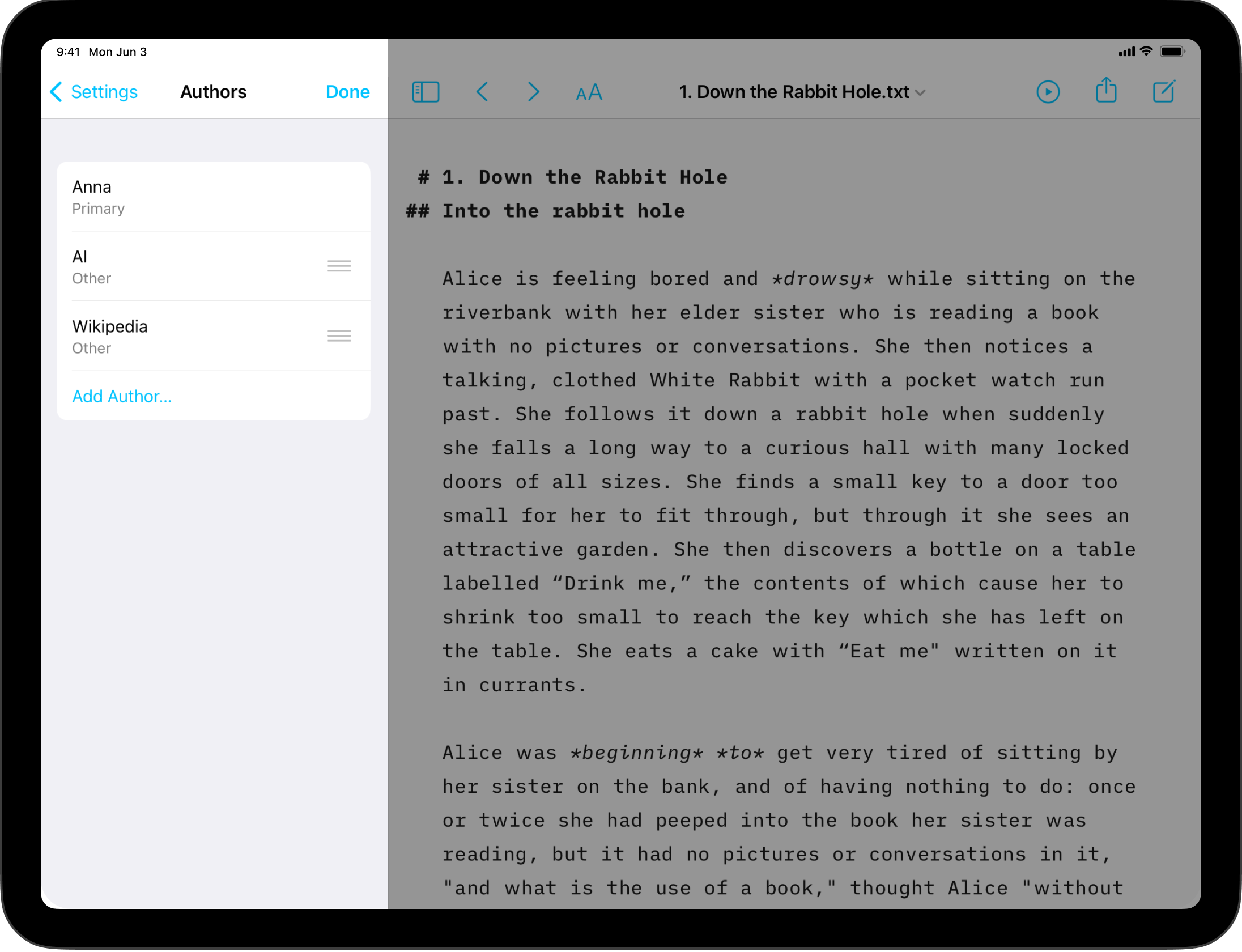 The Authors submenu.