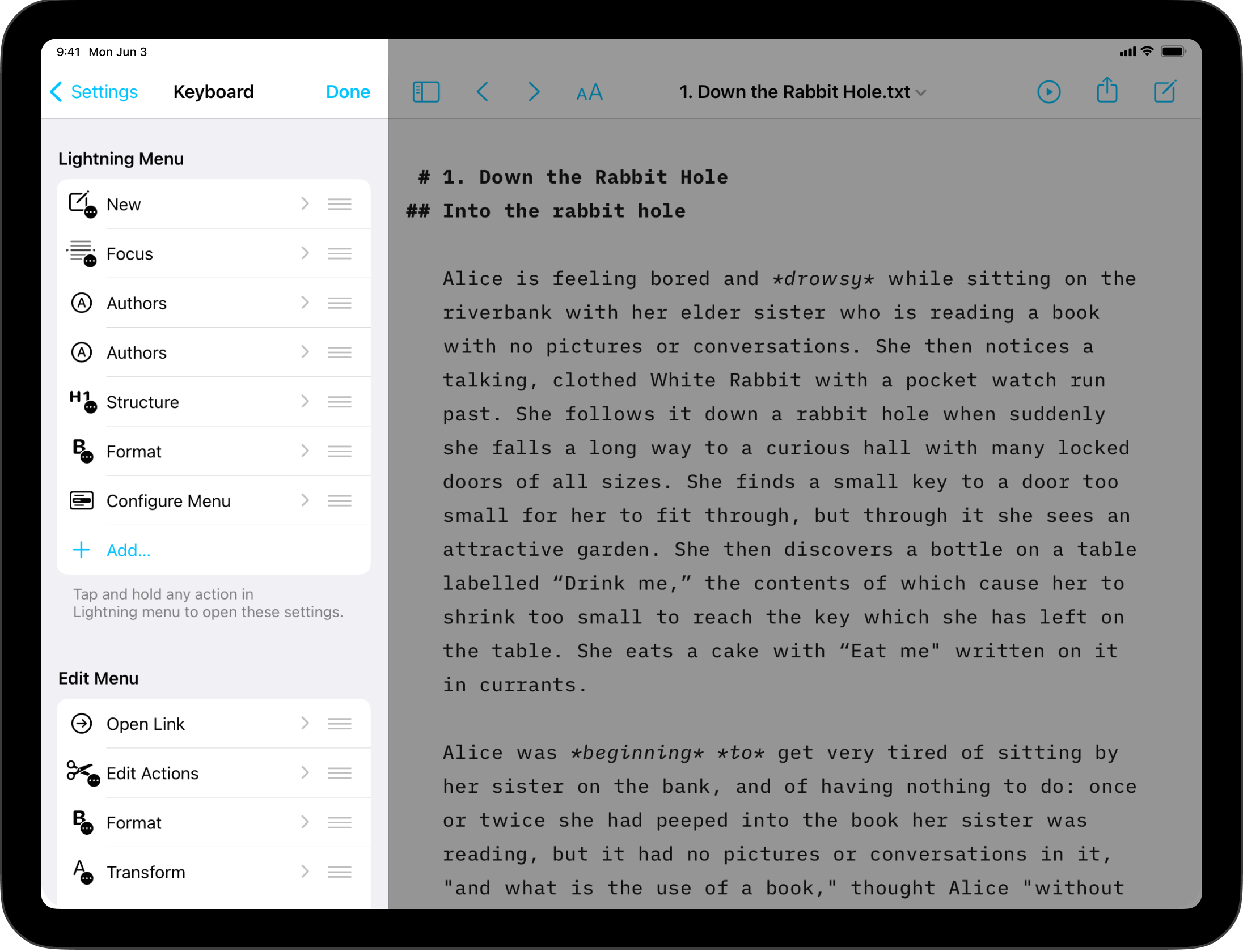 The Keyboard submenu.