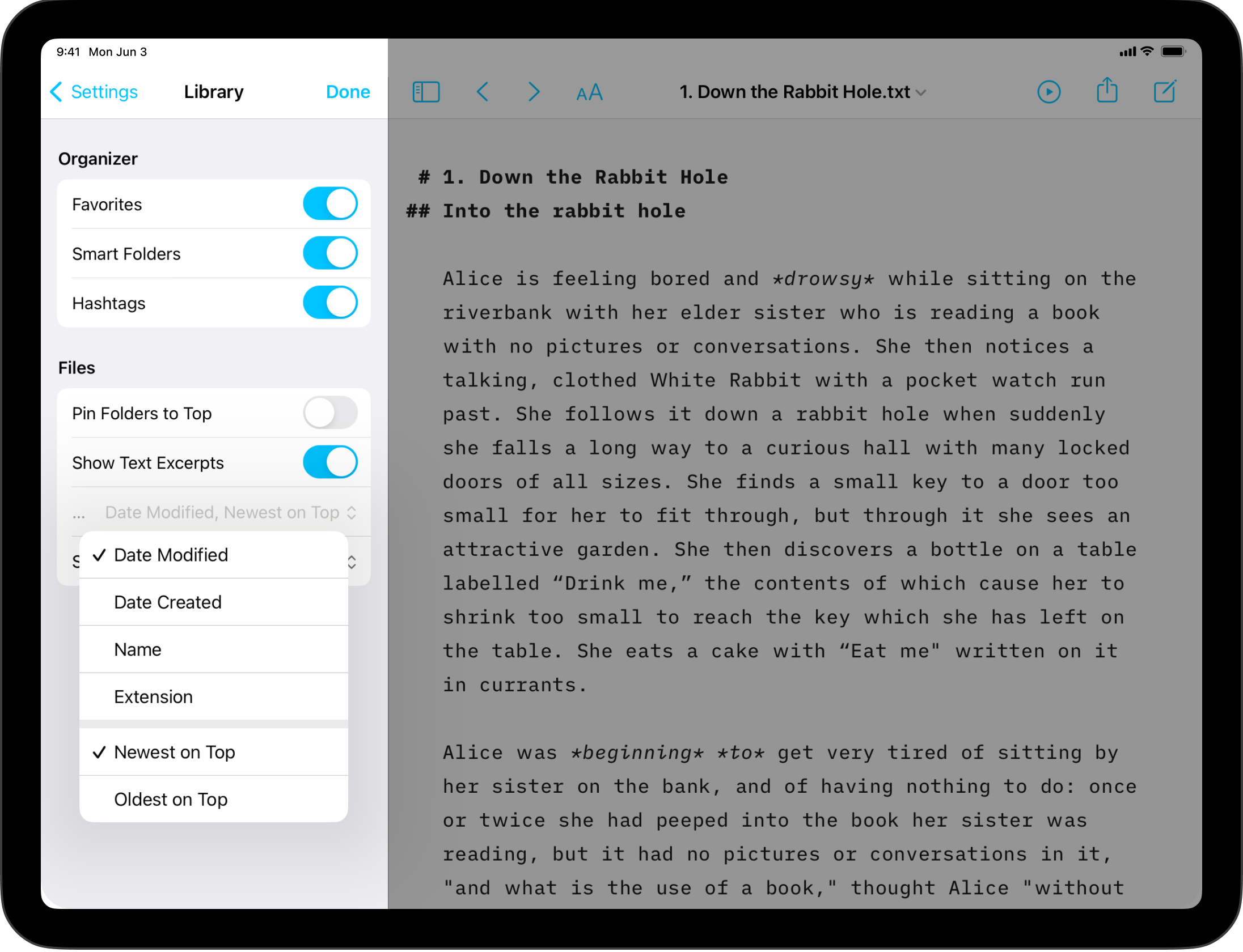The Library submenu.