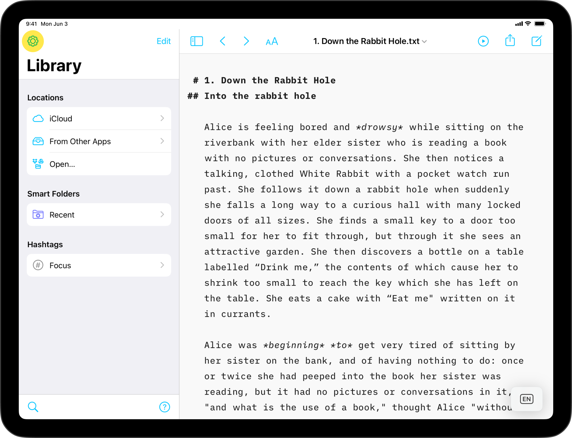A screenshot of iA Writer's Library with the settings icon in the top left highlighted.
