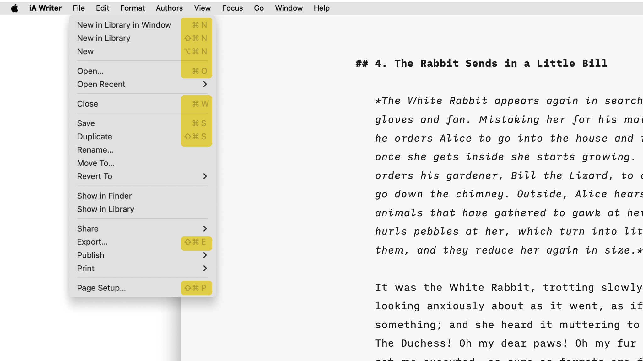 A screenshot of the File menu with action shortcuts highlighted on the right side.