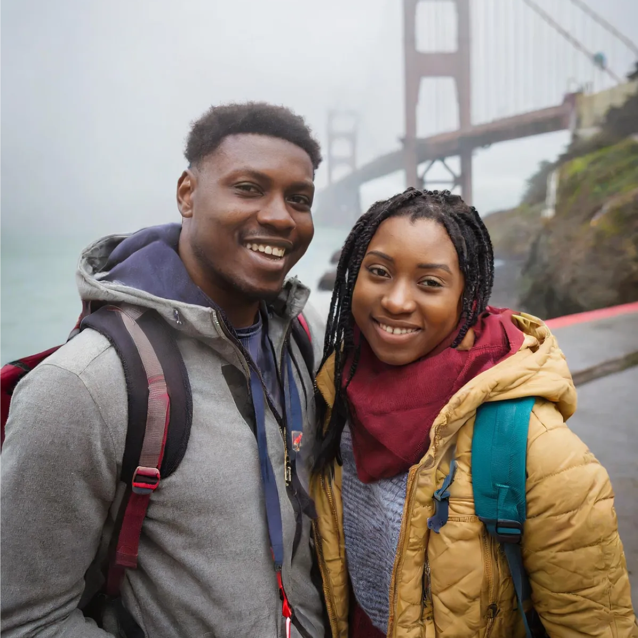 Well done AI generated image of a young couple posing in front of a bridge