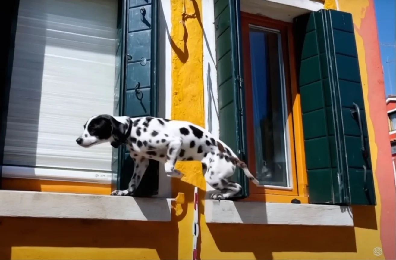 AI-generated image of a Dalmatian passing from a window to another