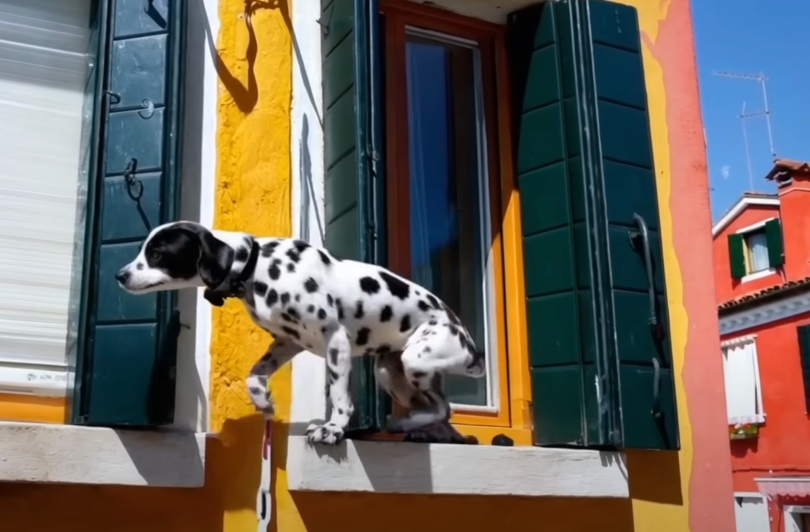 AI-generated image of a Dalmatian attempting to climb out of a window, almost falling off