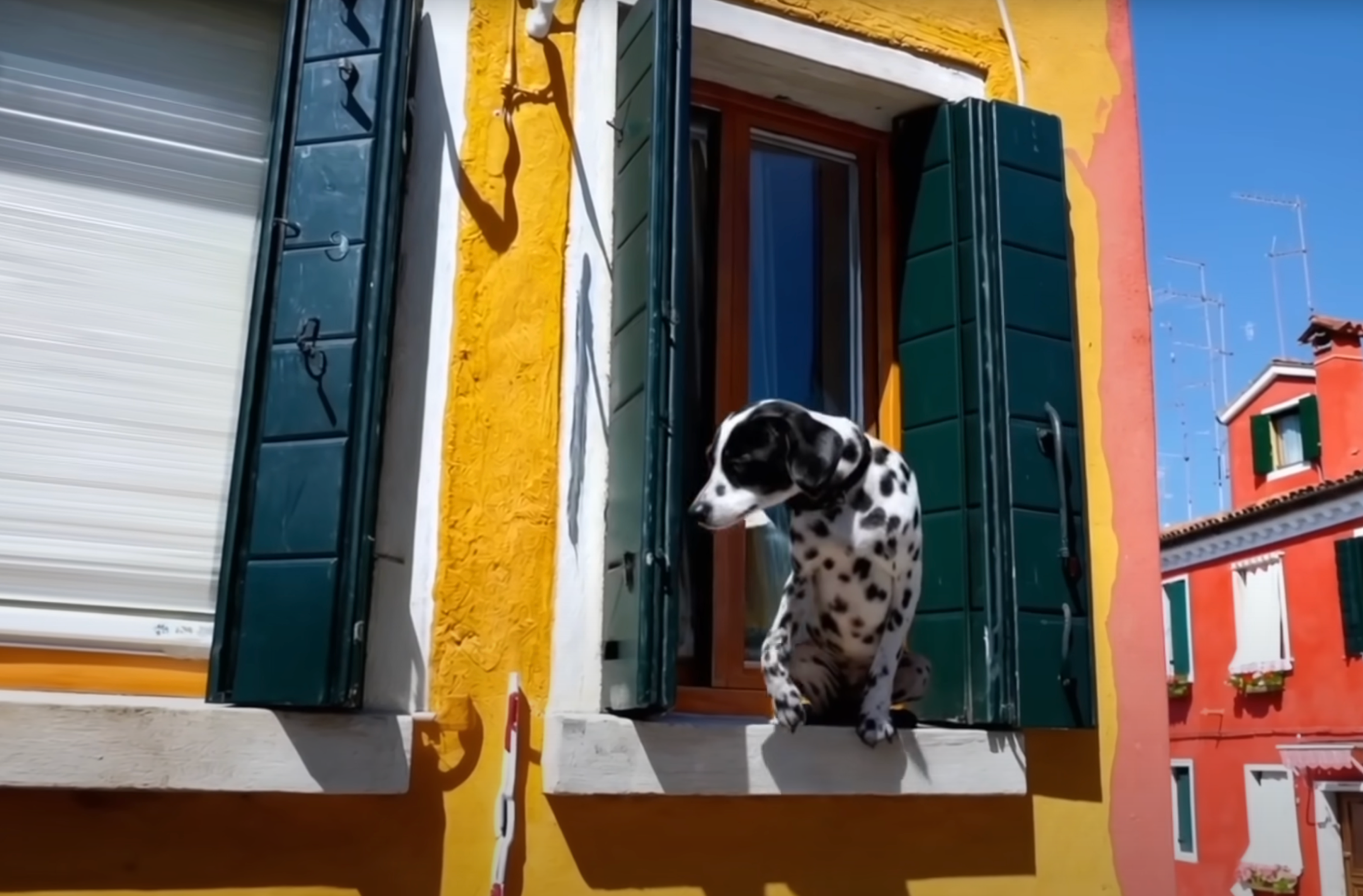 AI-generated image of a Dalmatian attempting to climb out of a window in a brightly colored building