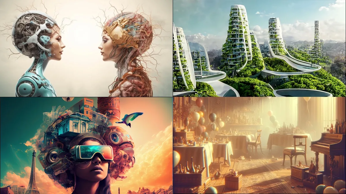 A grid of 4 AI-Generated images showing people or landscape from the future