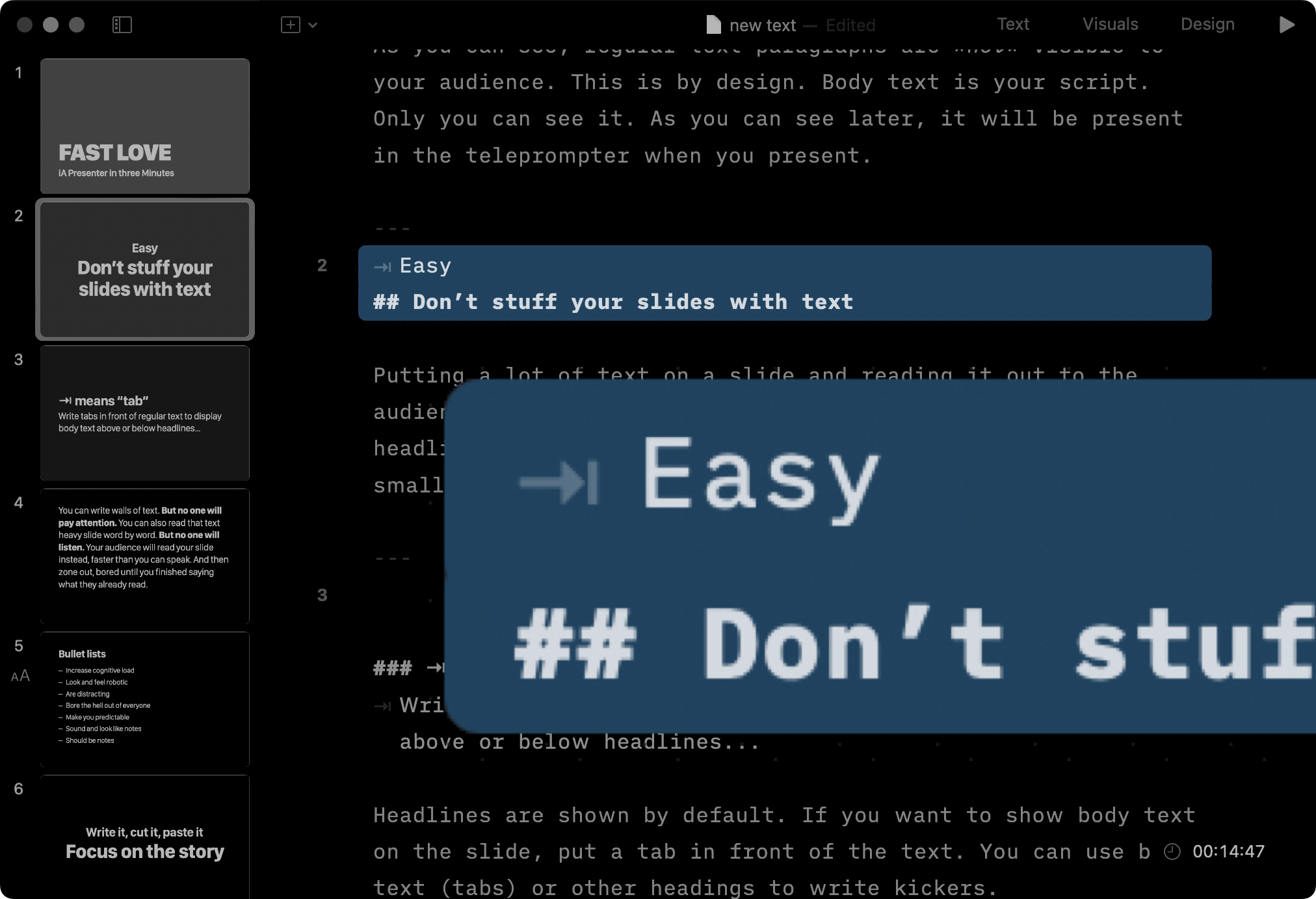 Screenshot of iA Presenter Editor with a kicker highlighted in big