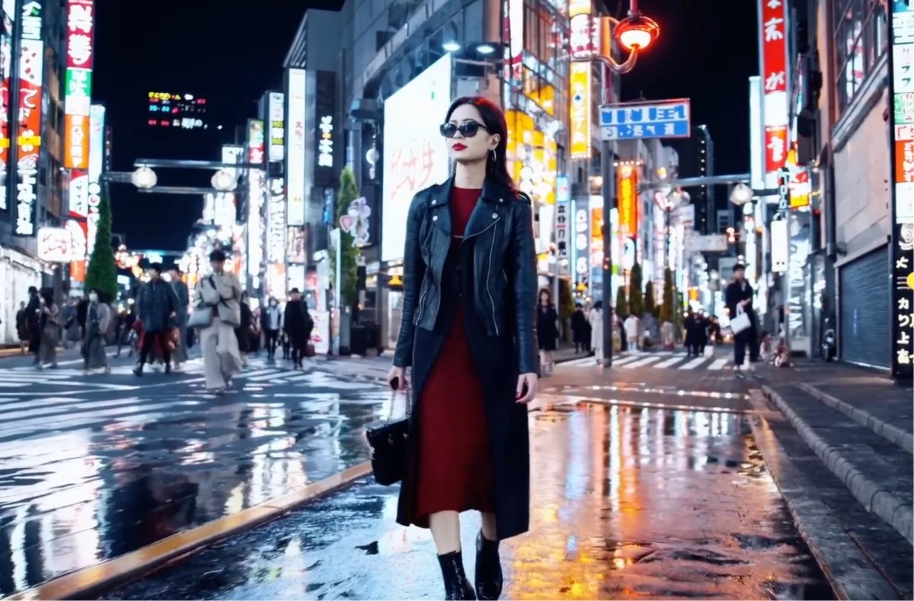 AI-generated photo of a young asian lady at night in the middle of Shibuya