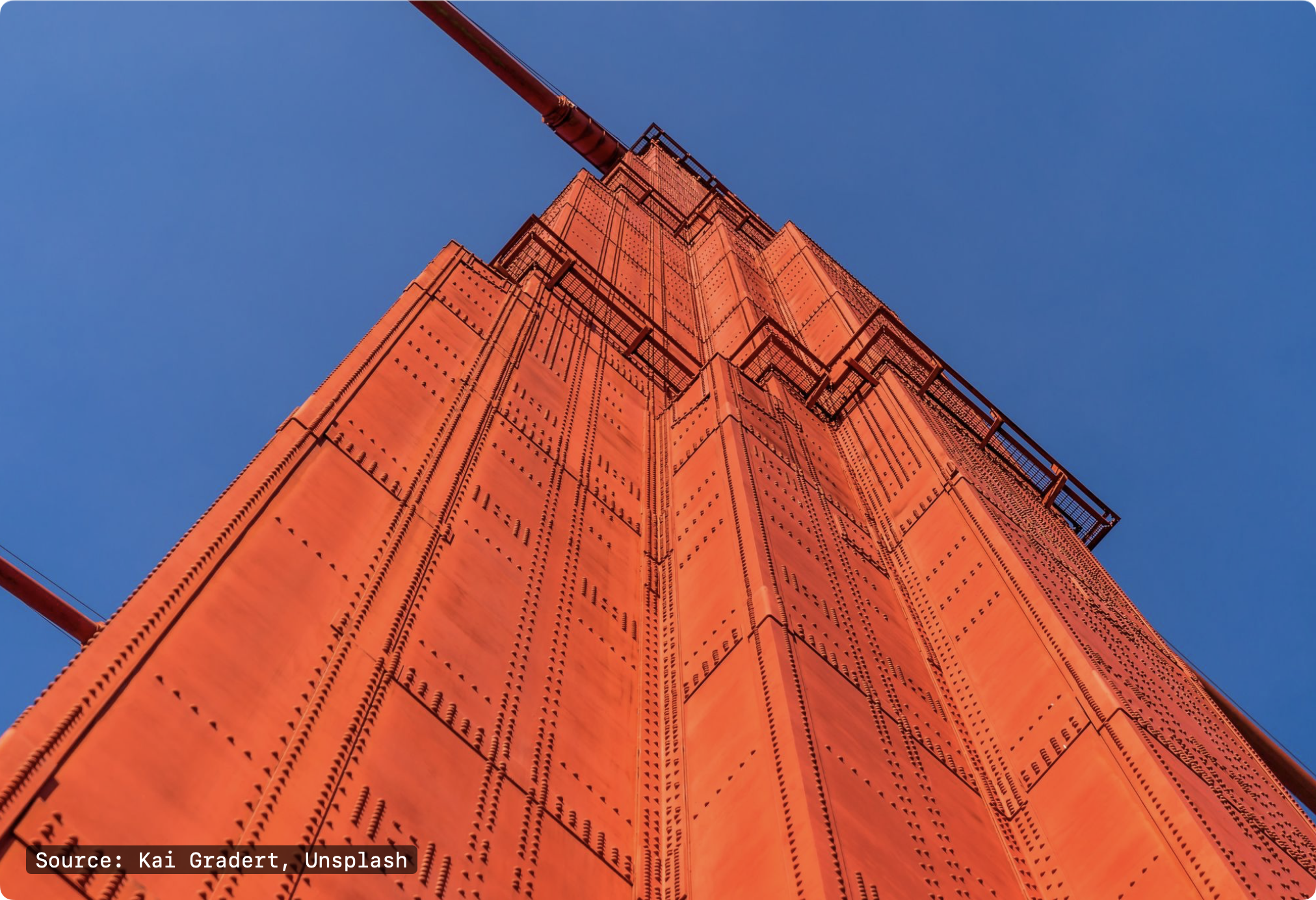 Photo of a building from the ground with a small caption on the bottom left