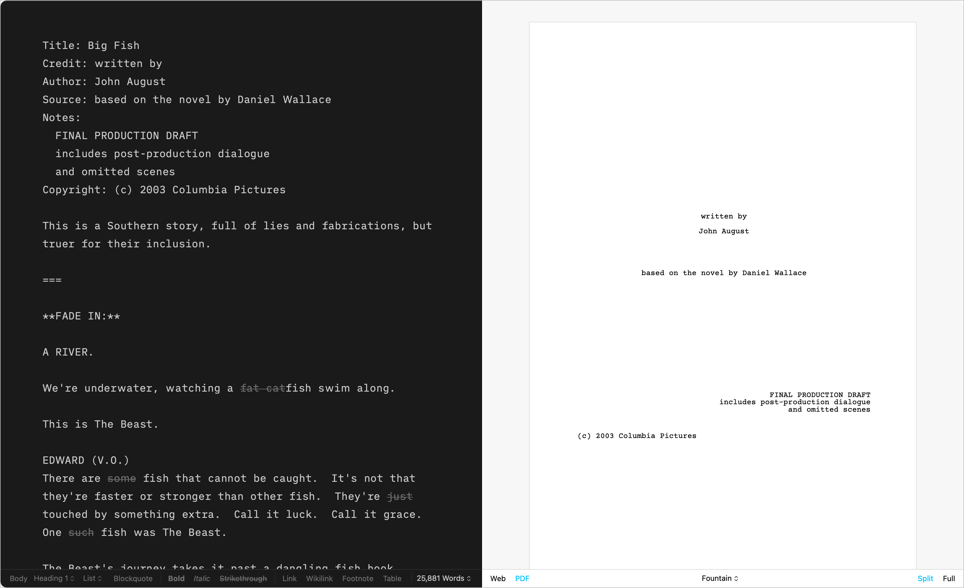 A side-by-side screenshot showing a text in the Editor and its Preview with the Fountain template.