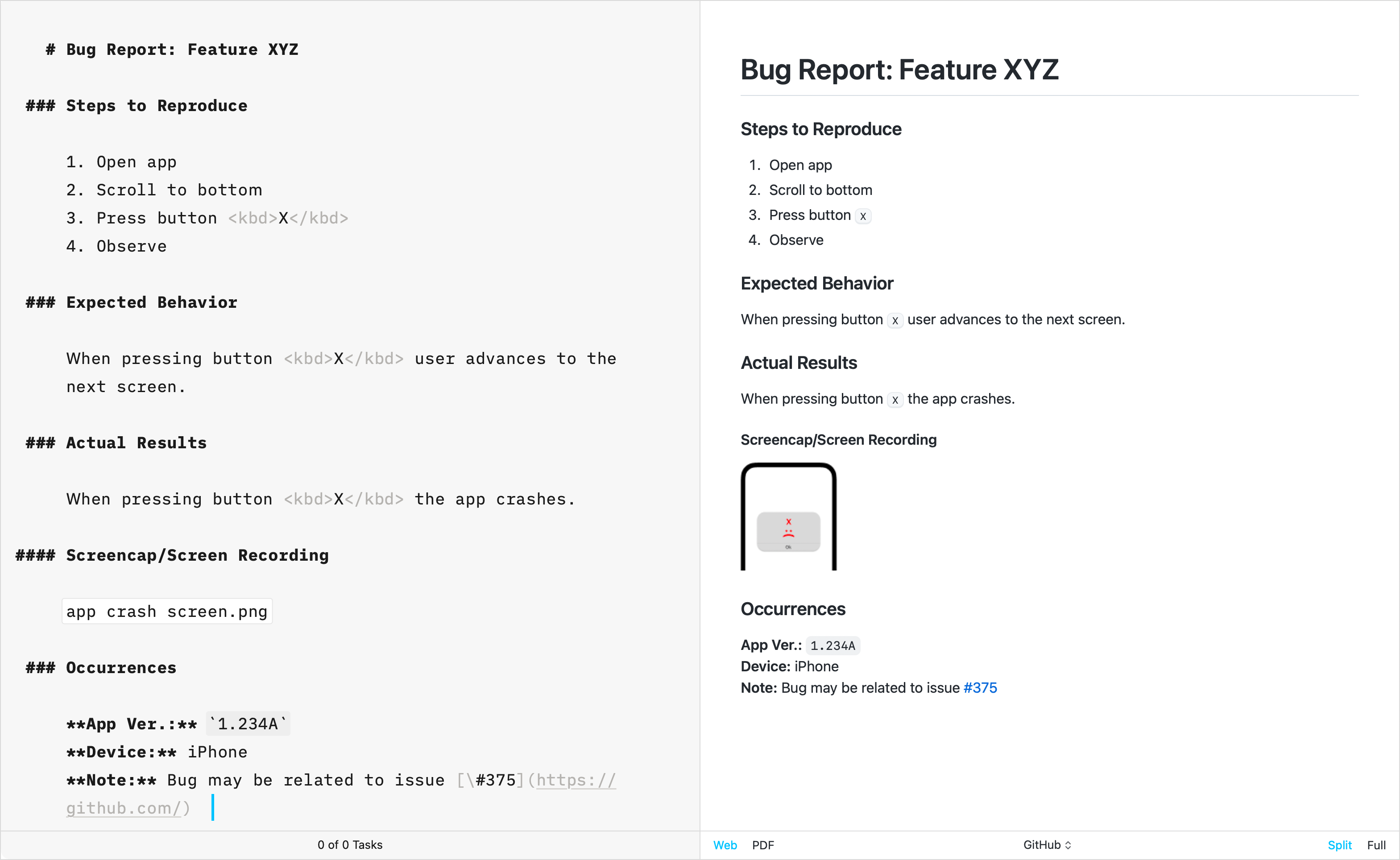 A side-by-side screenshot showing a text in the Editor and its Preview with the GitHub template.