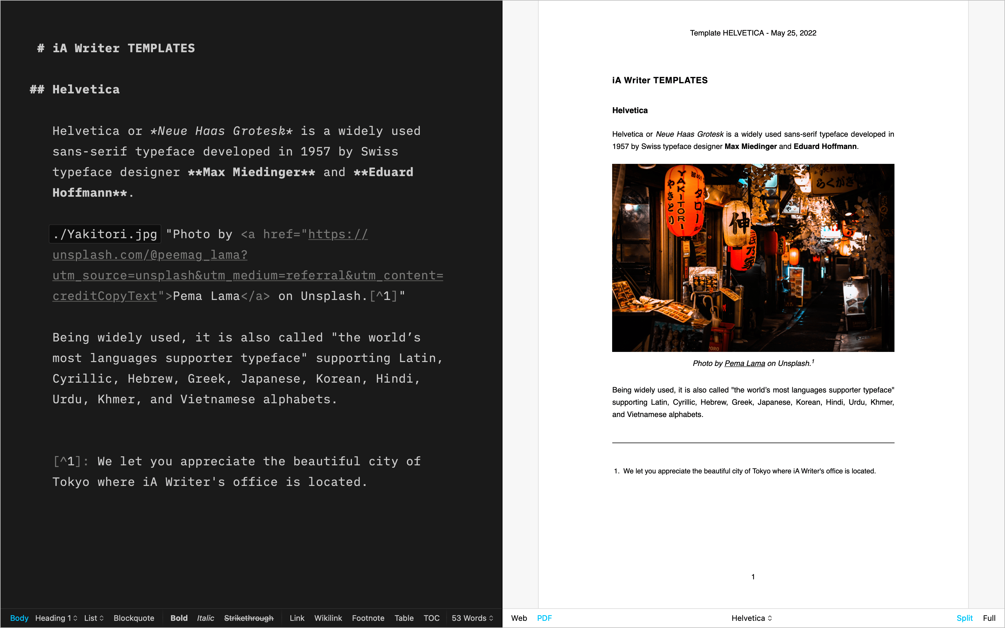 A side-by-side screenshot showing a text in the Editor and its Preview with the Helvetica template.