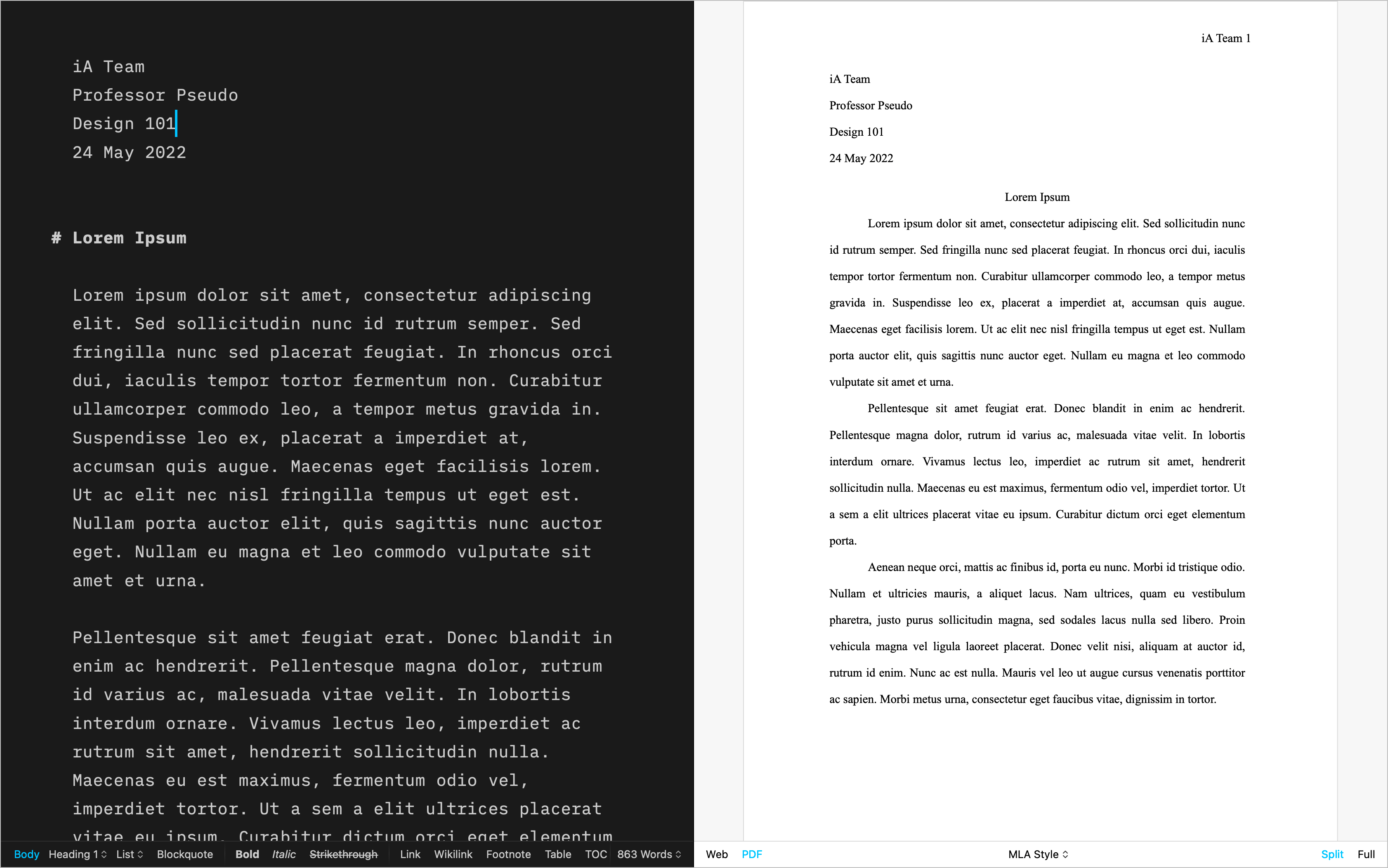 A side-by-side screenshot showing a text in the Editor and its Preview with the MLA template.