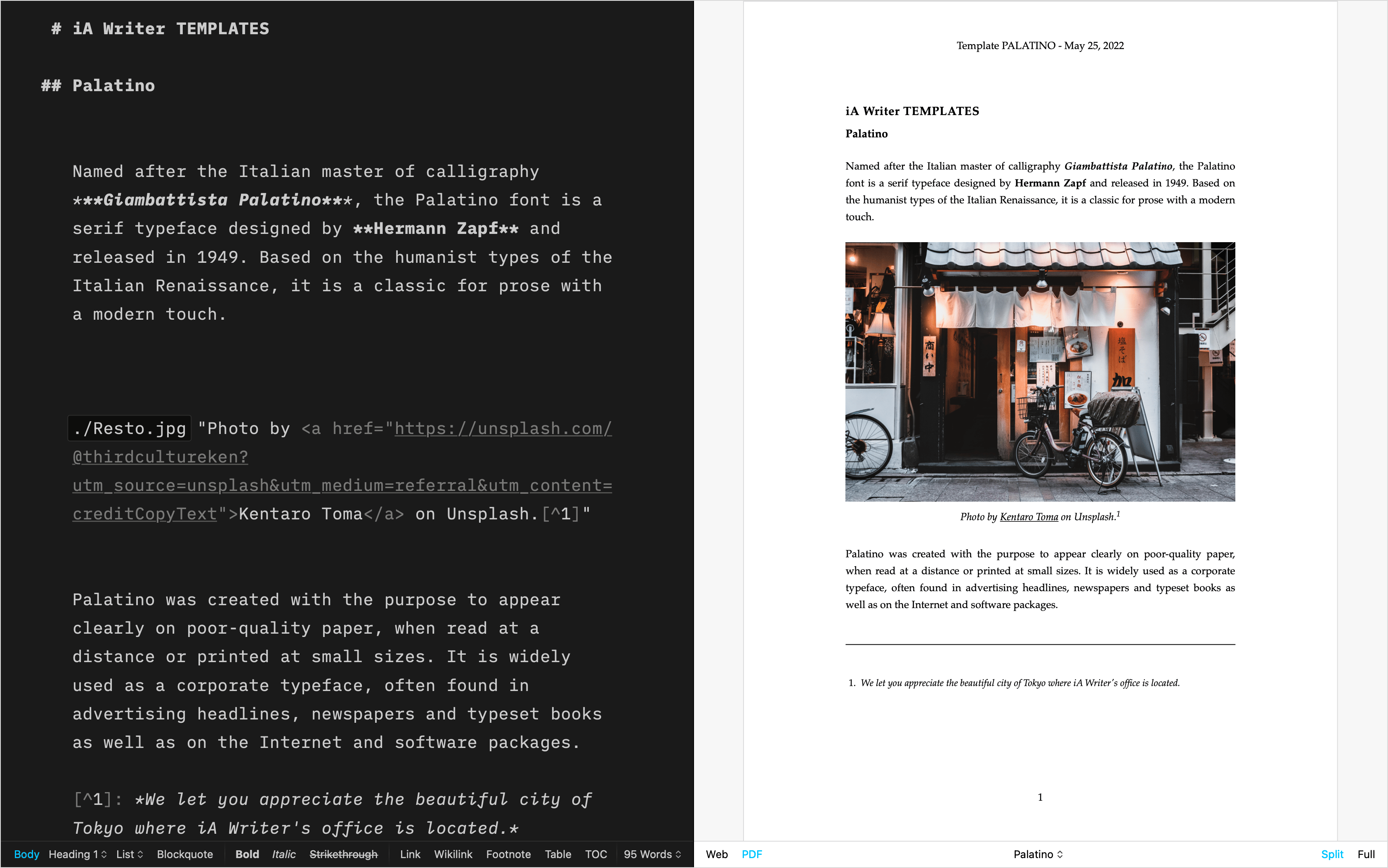 A side-by-side screenshot showing a text in the Editor and its Preview with the Palatino template.