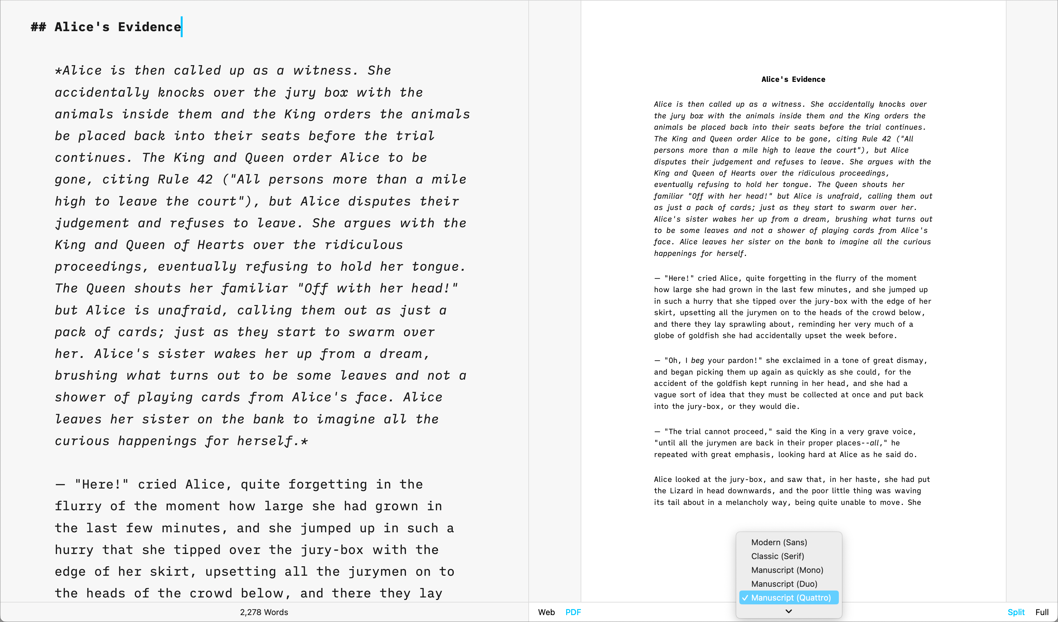 A side-by-side screenshot showing a text in the Editor and its Preview, with a pop-up menu at the bottom for selecting different templates.