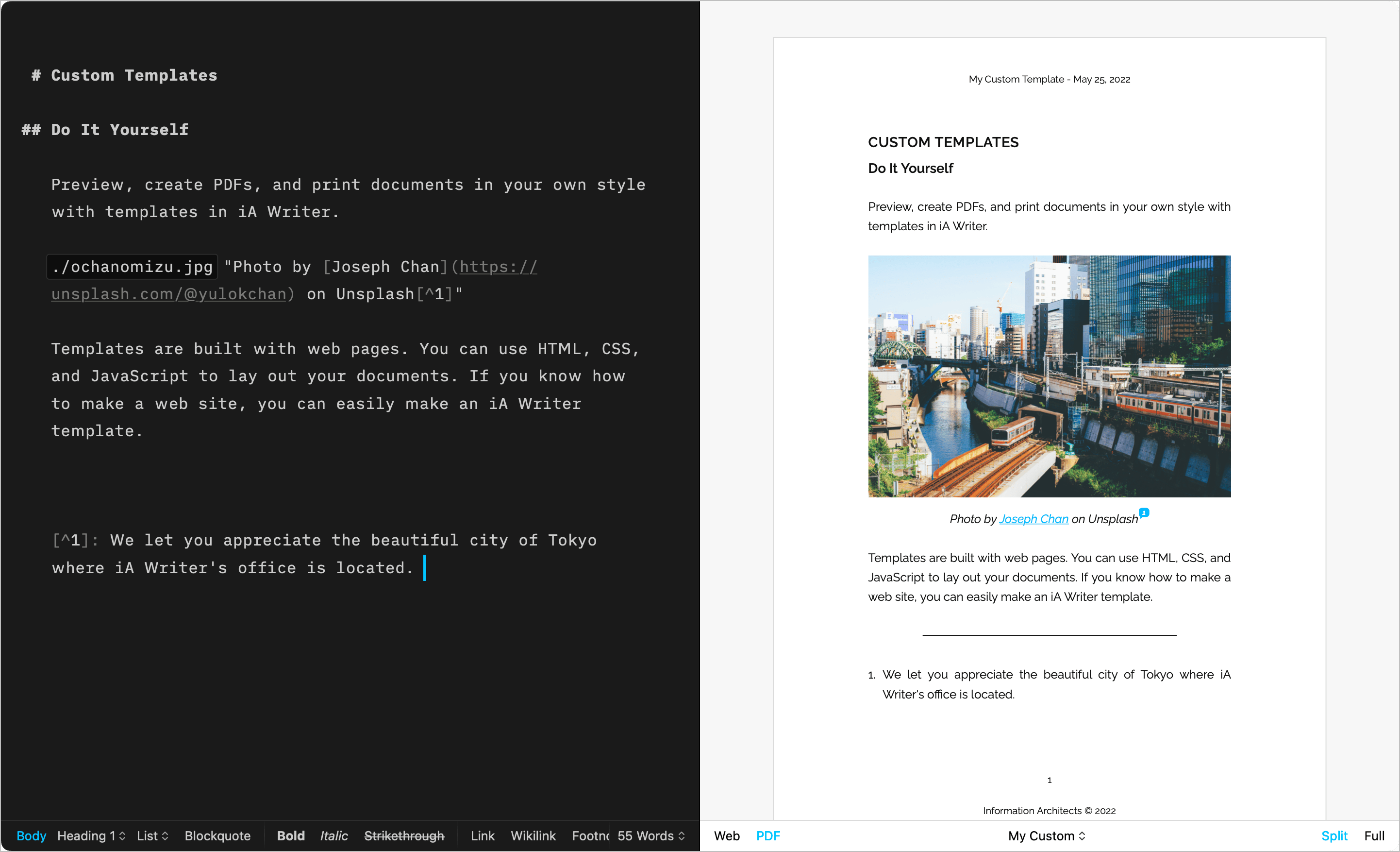 A side-by-side screenshot showing a text in the Editor and its Preview with the DIY template.