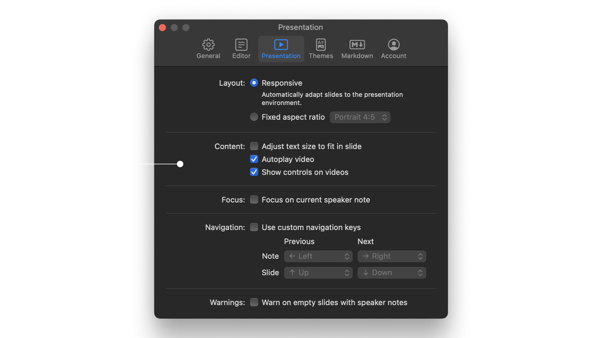 Screenshot of Presenter's Settings with video control.
