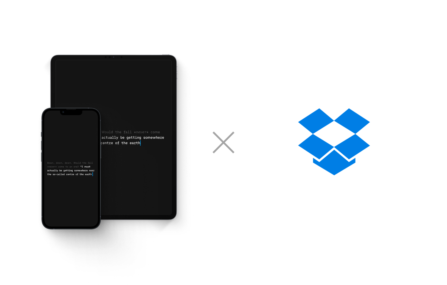 Image of iA Writer running on an iPad and iPhone, next to Dropbox logo. I want you back