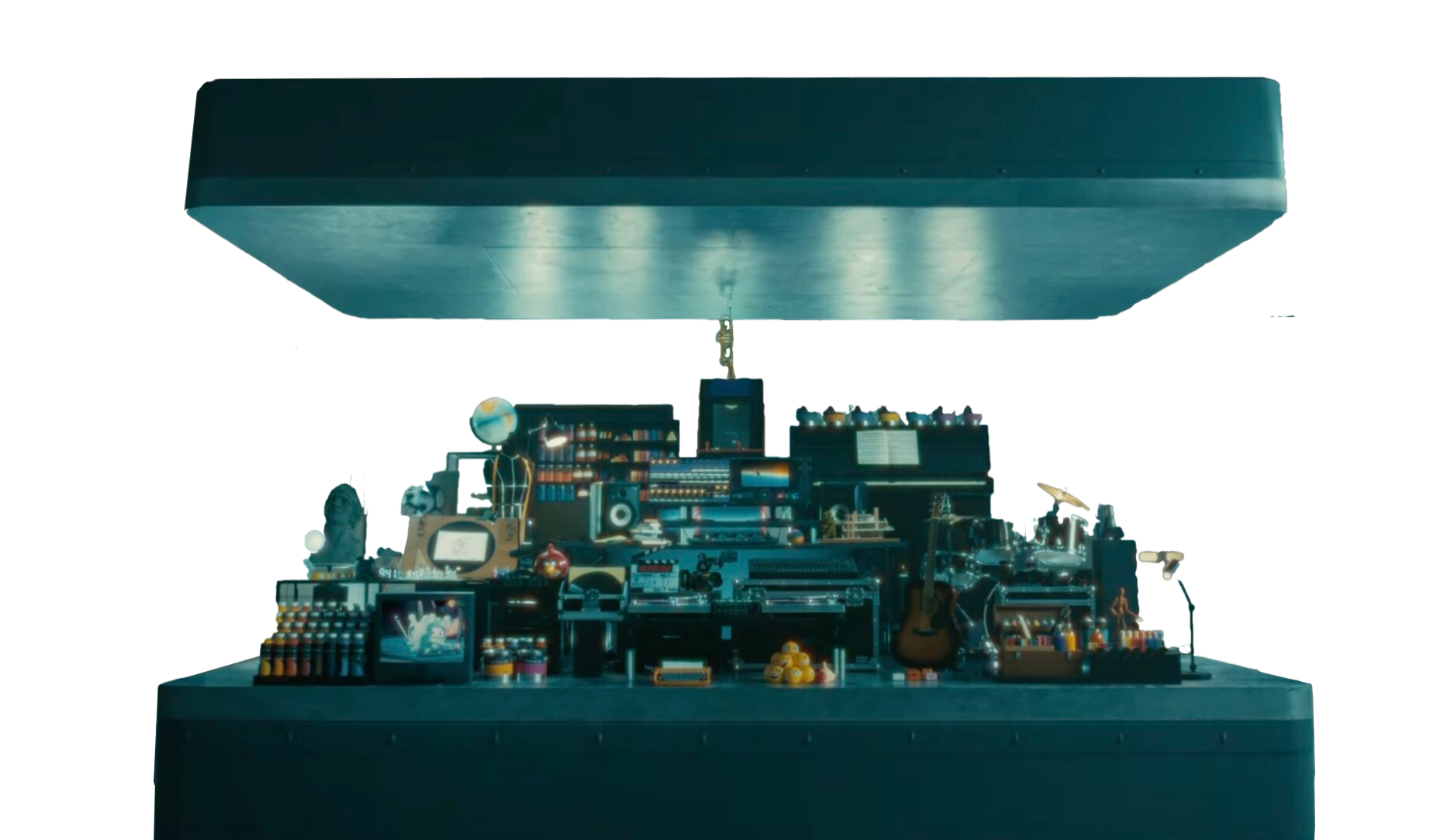 Image of a hydraulic press crushing items that have shaped human creativity and innovation over centuries. No thanks!