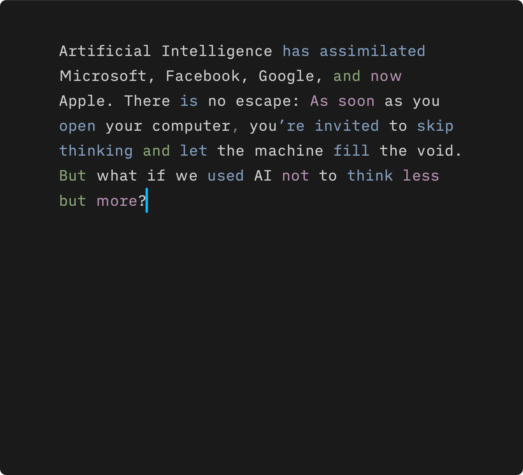 iA Writer with Syntax Highlight turned on, showing parts of speech in various colors