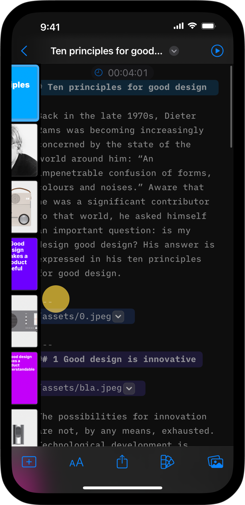 Swipe from left to right in the Editor to open the Thumbnails panel.