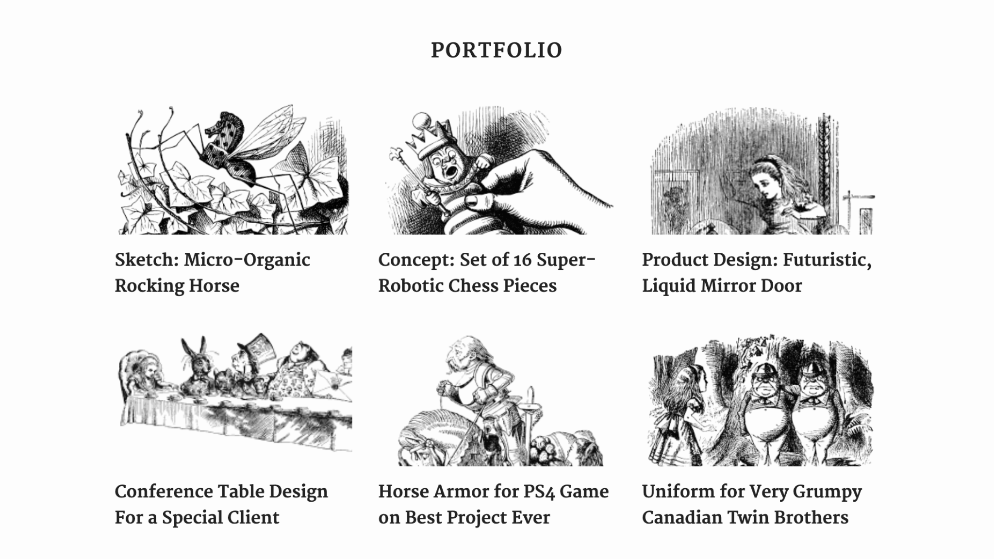 A grid of black and white *Alice in Wonderland* illustrations with captions below each, presented in an iA4 Portfolio layout