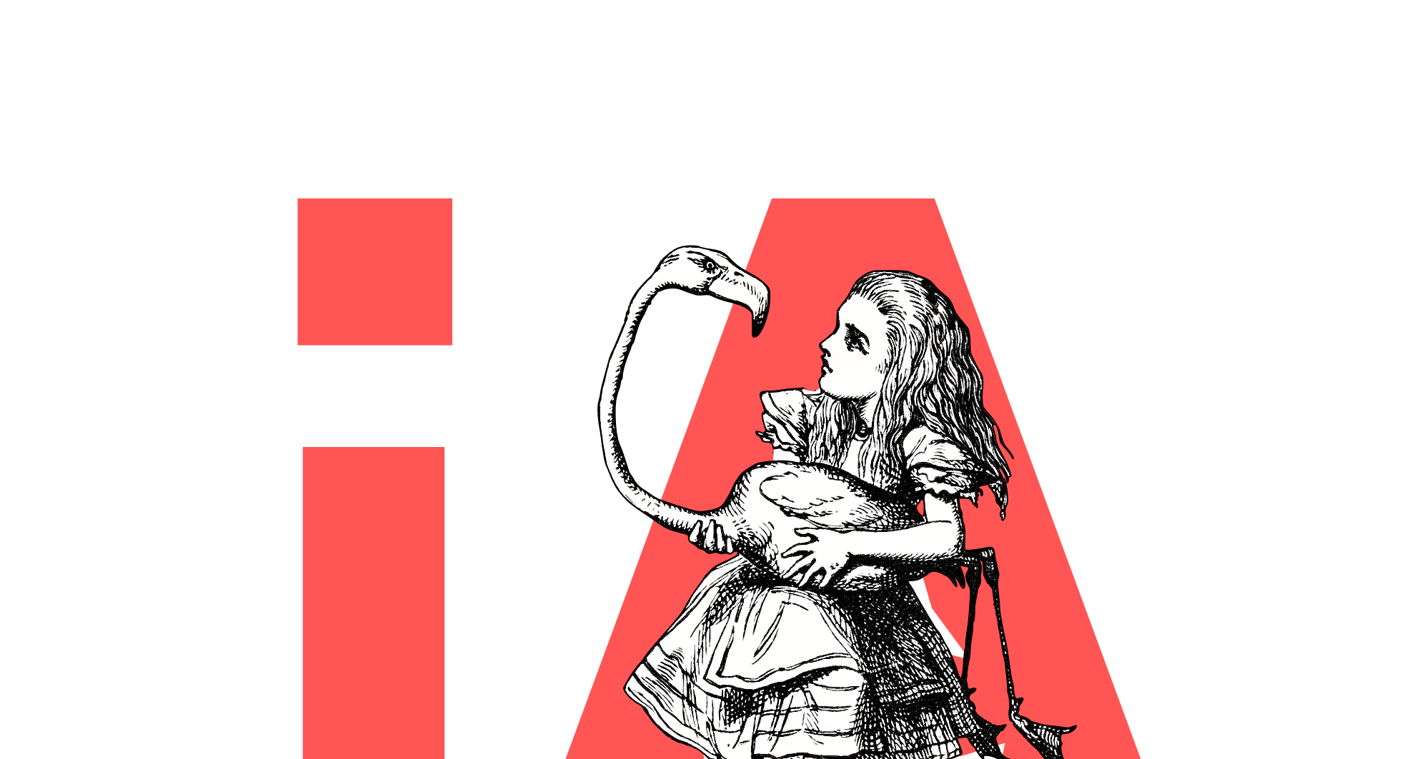 A drawing of Alice trying to play croquet using a flamingo as a mallet. With the IA logo in the background