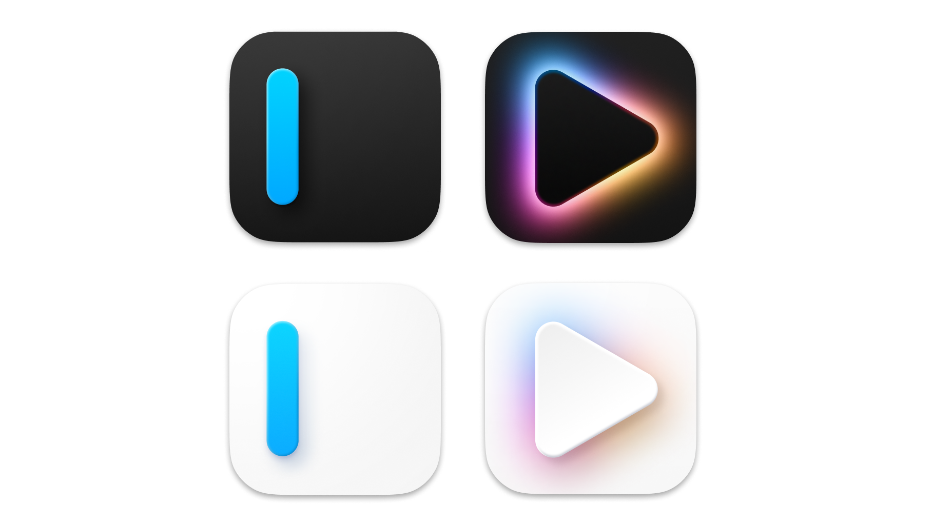 Four icons with on top the new dark icon for iA Writer and iA Presenter and their light version on the bottom