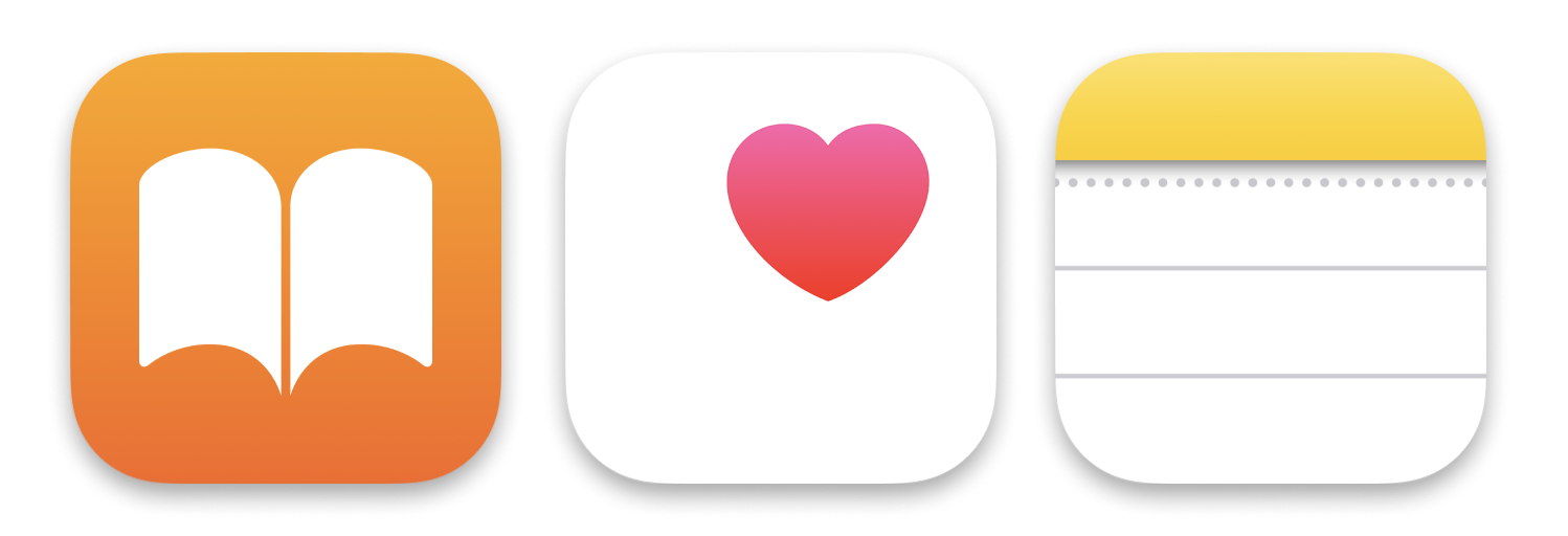 3 generic Apple icons: Books, Health, and Notes. 