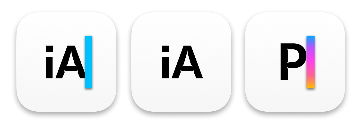 3 early iA icons for Writer and Presenter apps. iA Writer written as iA|, iA, and iA Presenter, written as P|