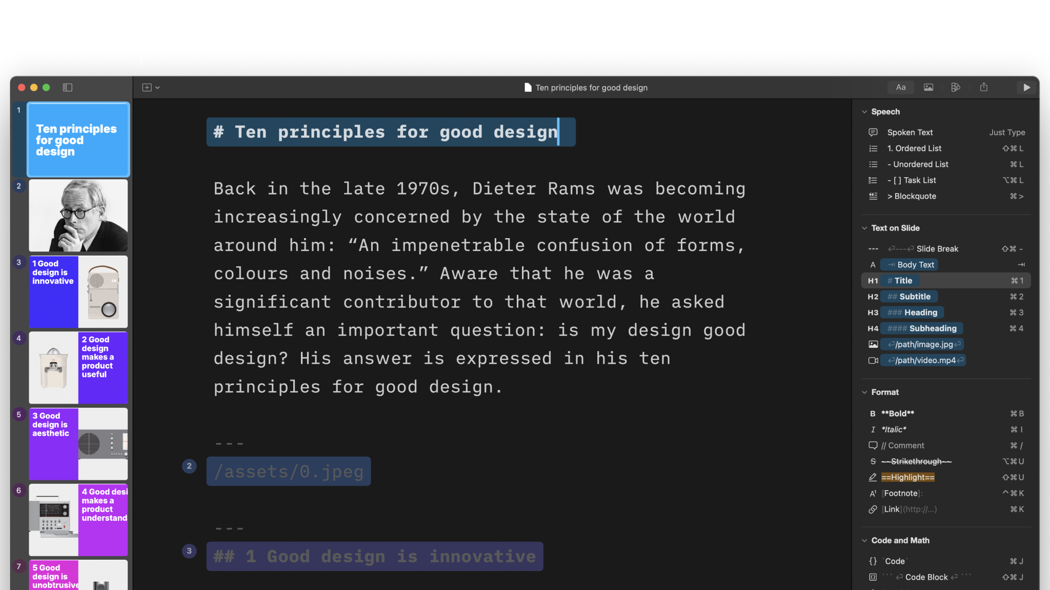 A screenshot showing the Thumbnails panel, the Editor and the Inspector opened in Presenter.