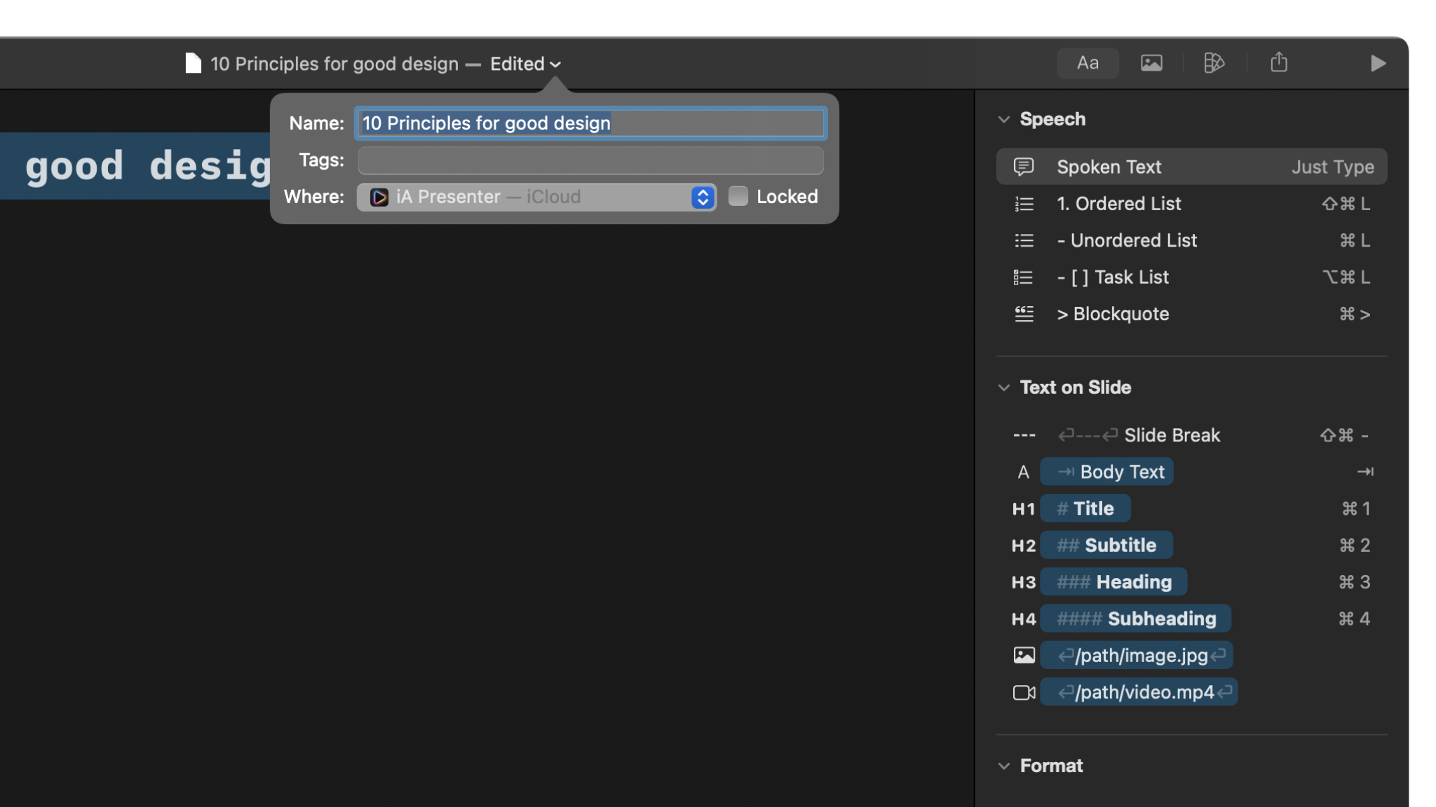 At the Title Bar’s centre, you can rename your presentation.