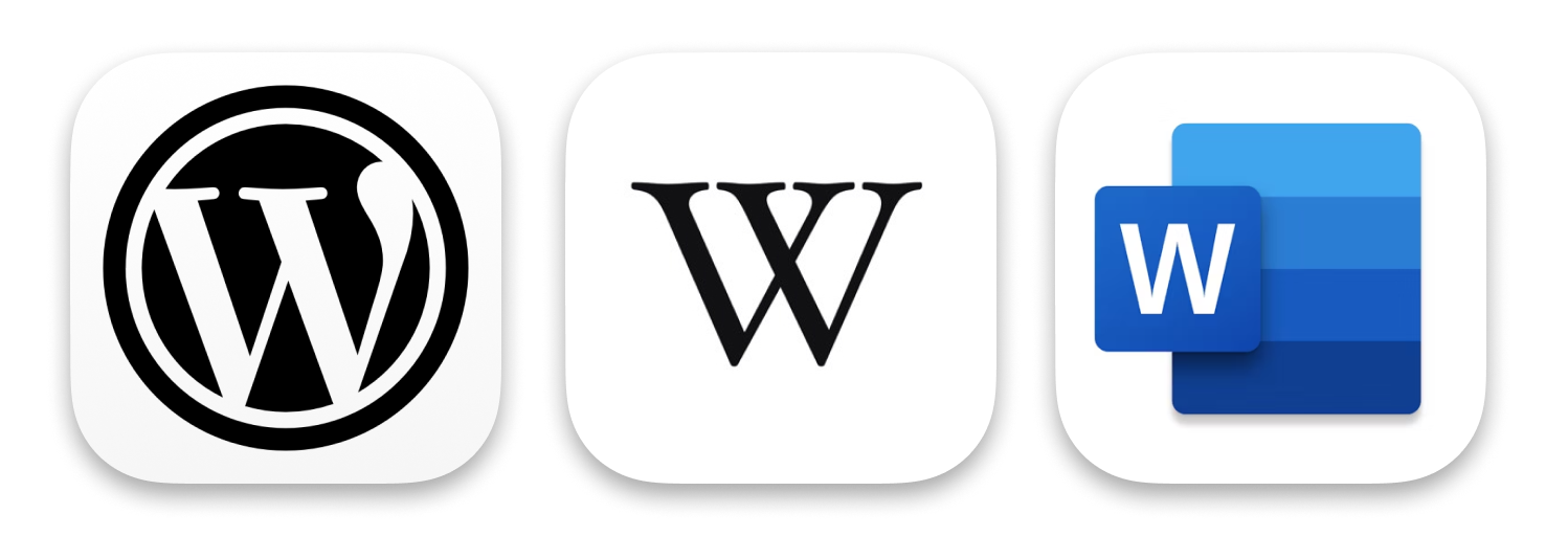 Wikipedia, WordPress, and MS Word icons